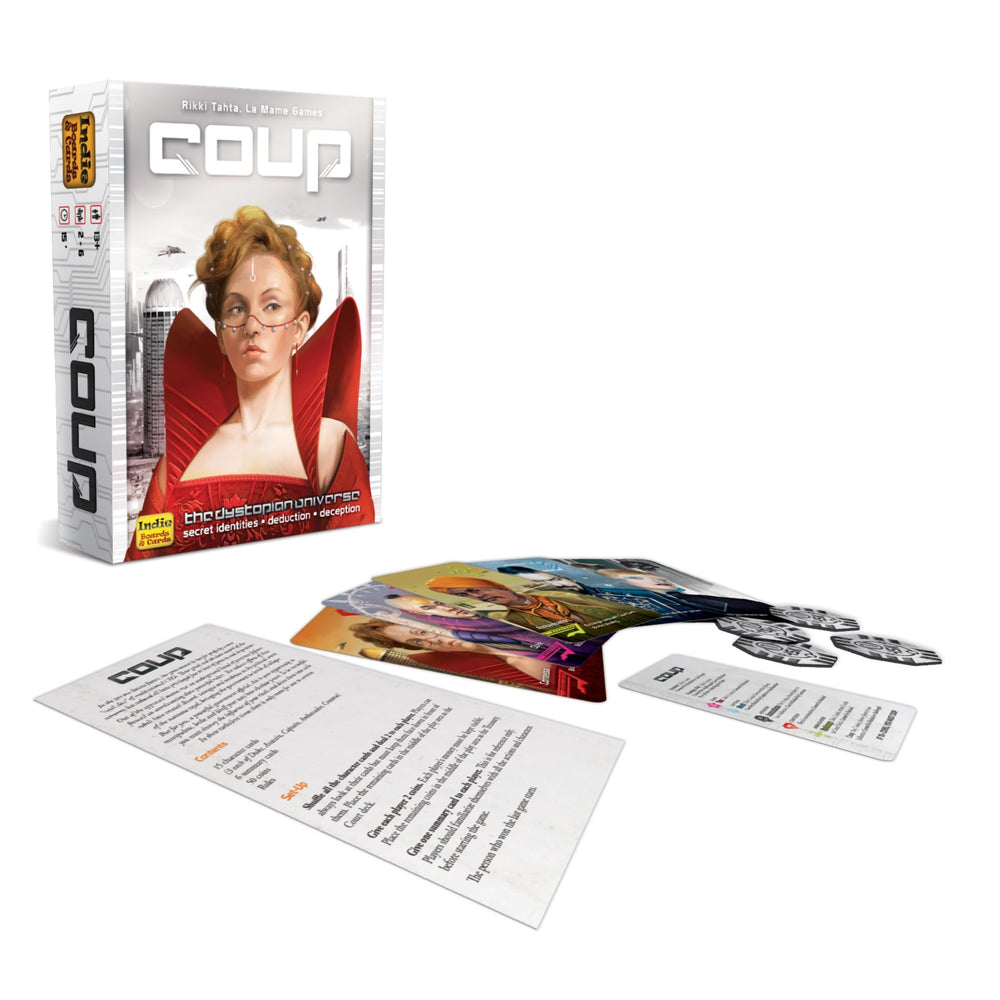 Indie Boards and Cards Coup cards spread illustrating clear icons for fast play