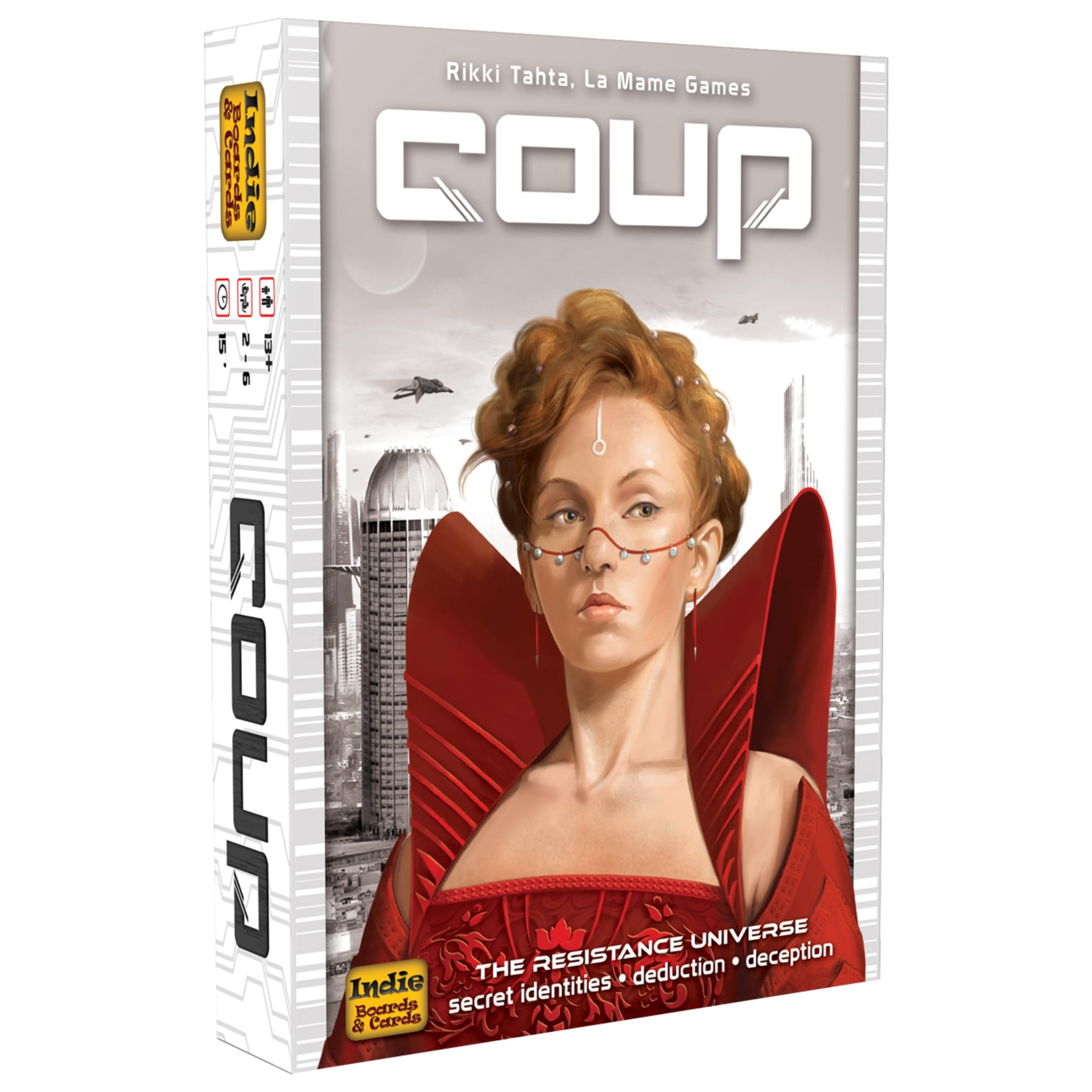 Indie Boards and Cards Coup front view showing box art and portability benefit