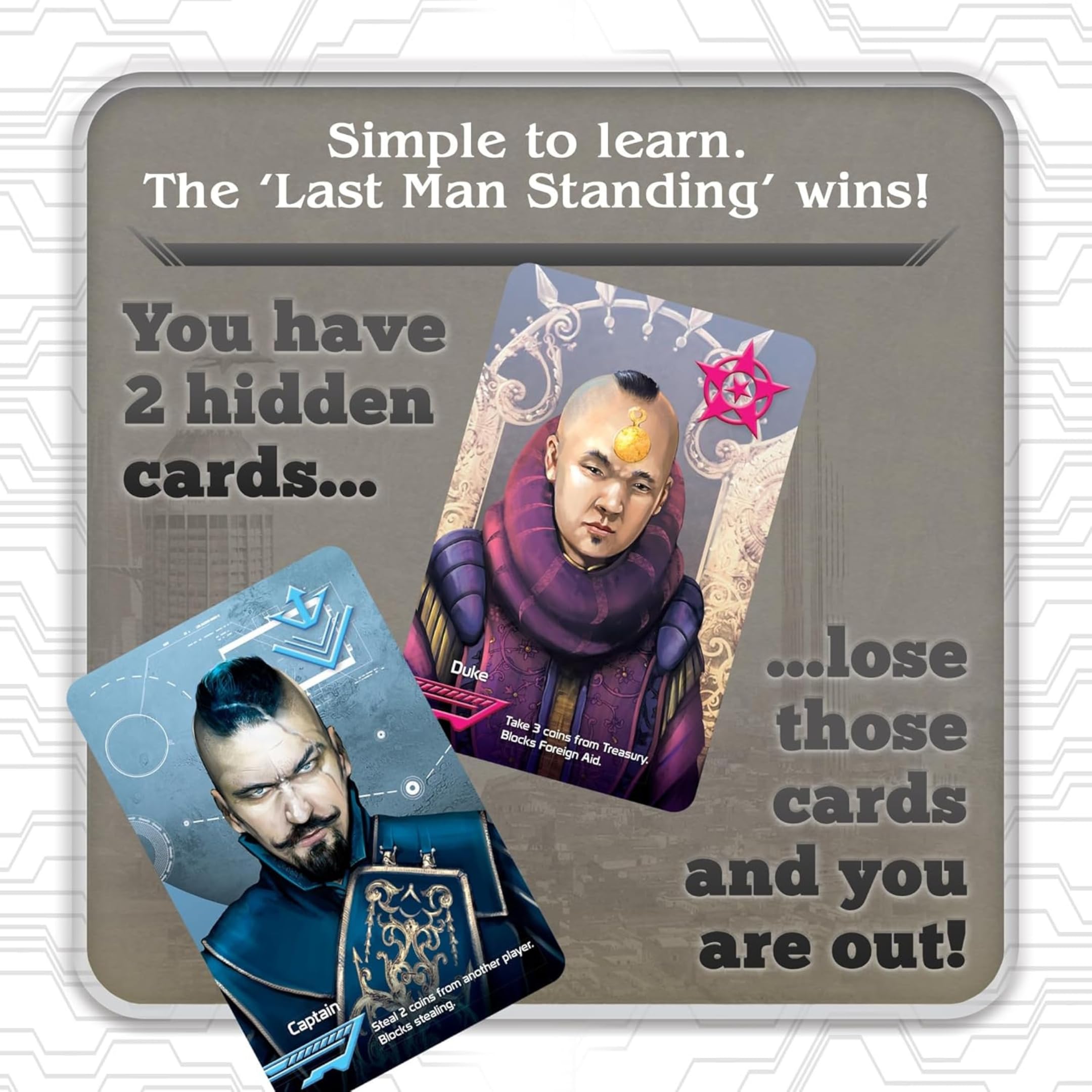 Indie Boards and Cards Coup game in play with players bluffing for social tension