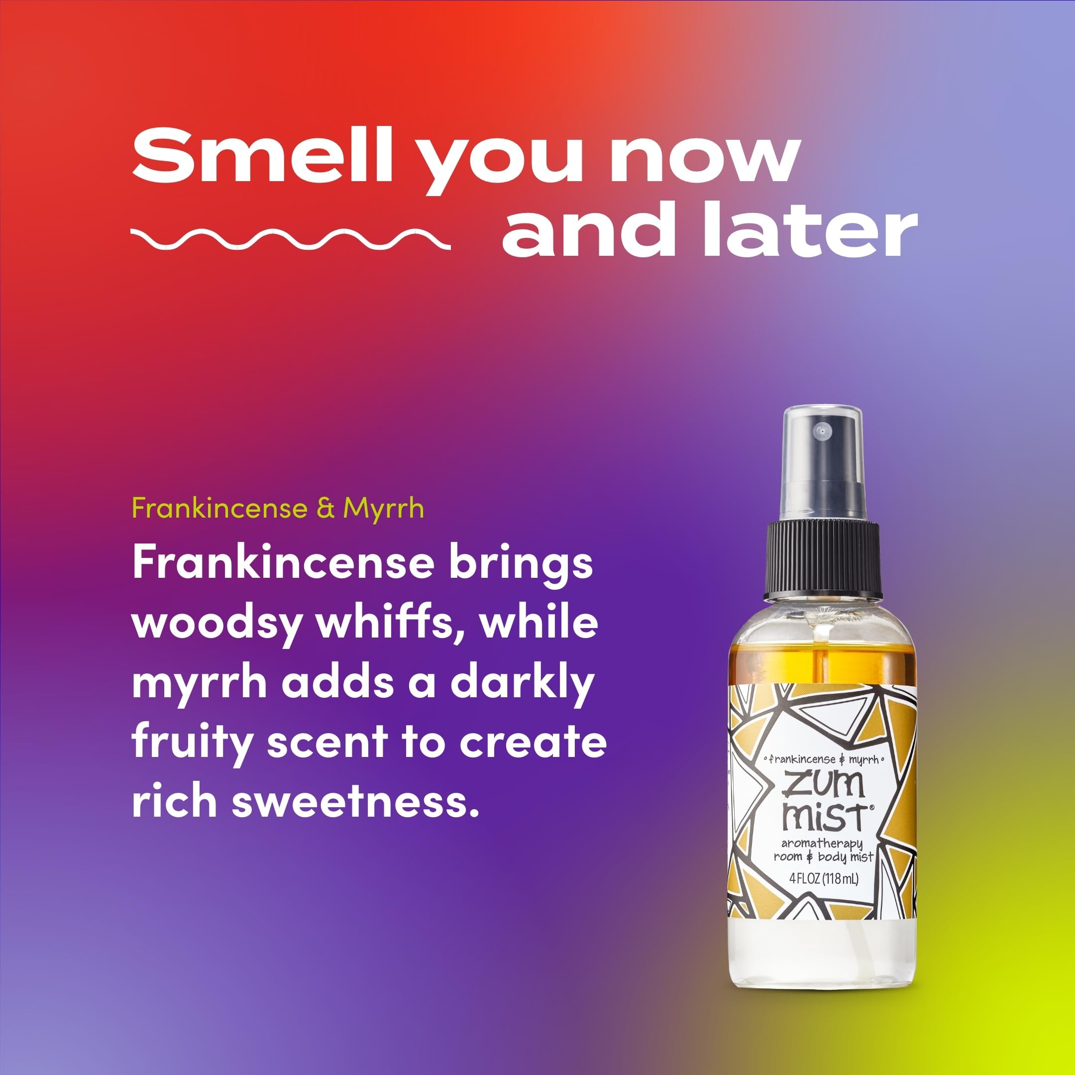 Indigo Wild close-up of label highlights frankincense and myrrh benefit