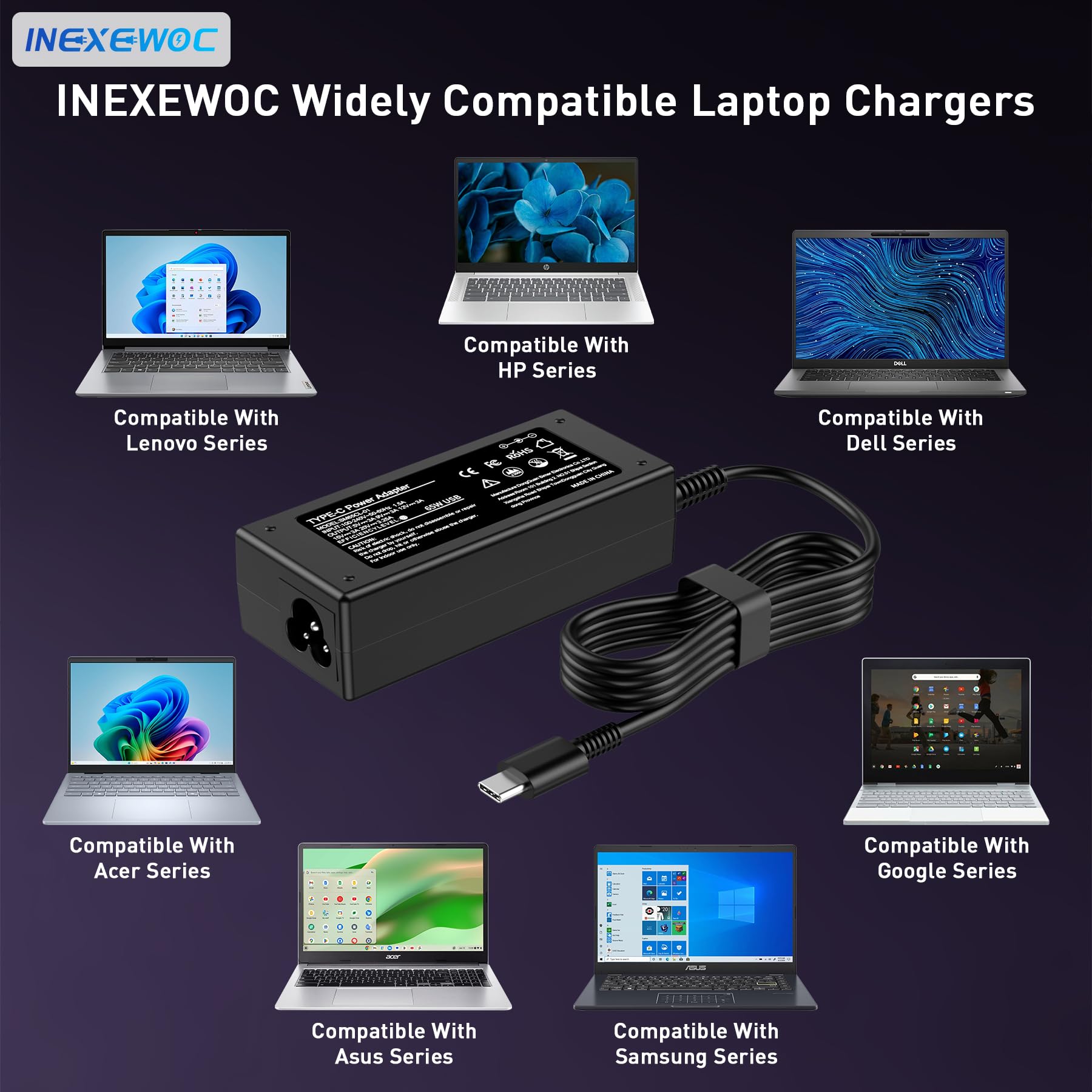 INEXEWOC folded-plug 65W charger showing compact form for easy travel and storage convenience
