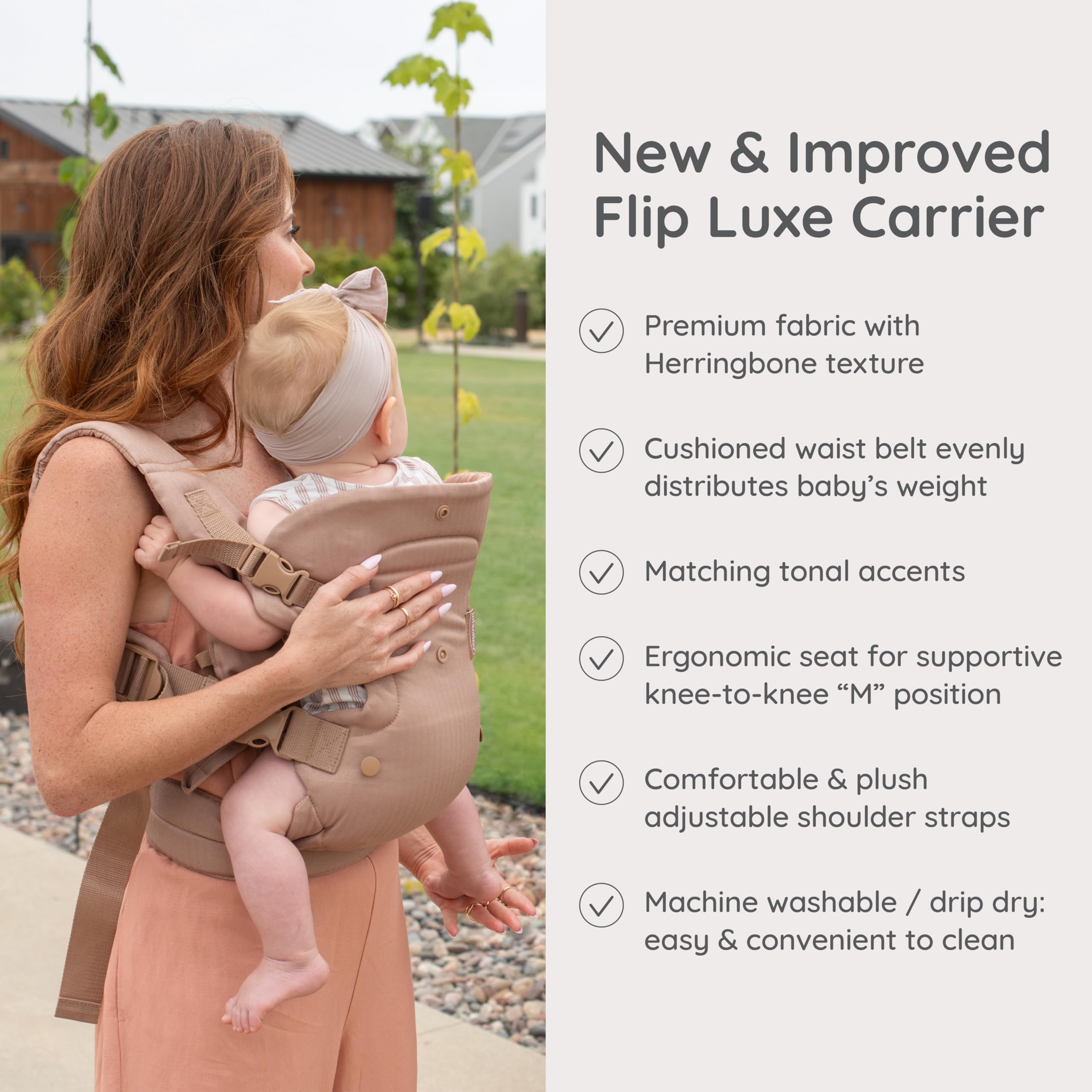 Infantino back carry demo illustrating hands-free comfort for caregivers
