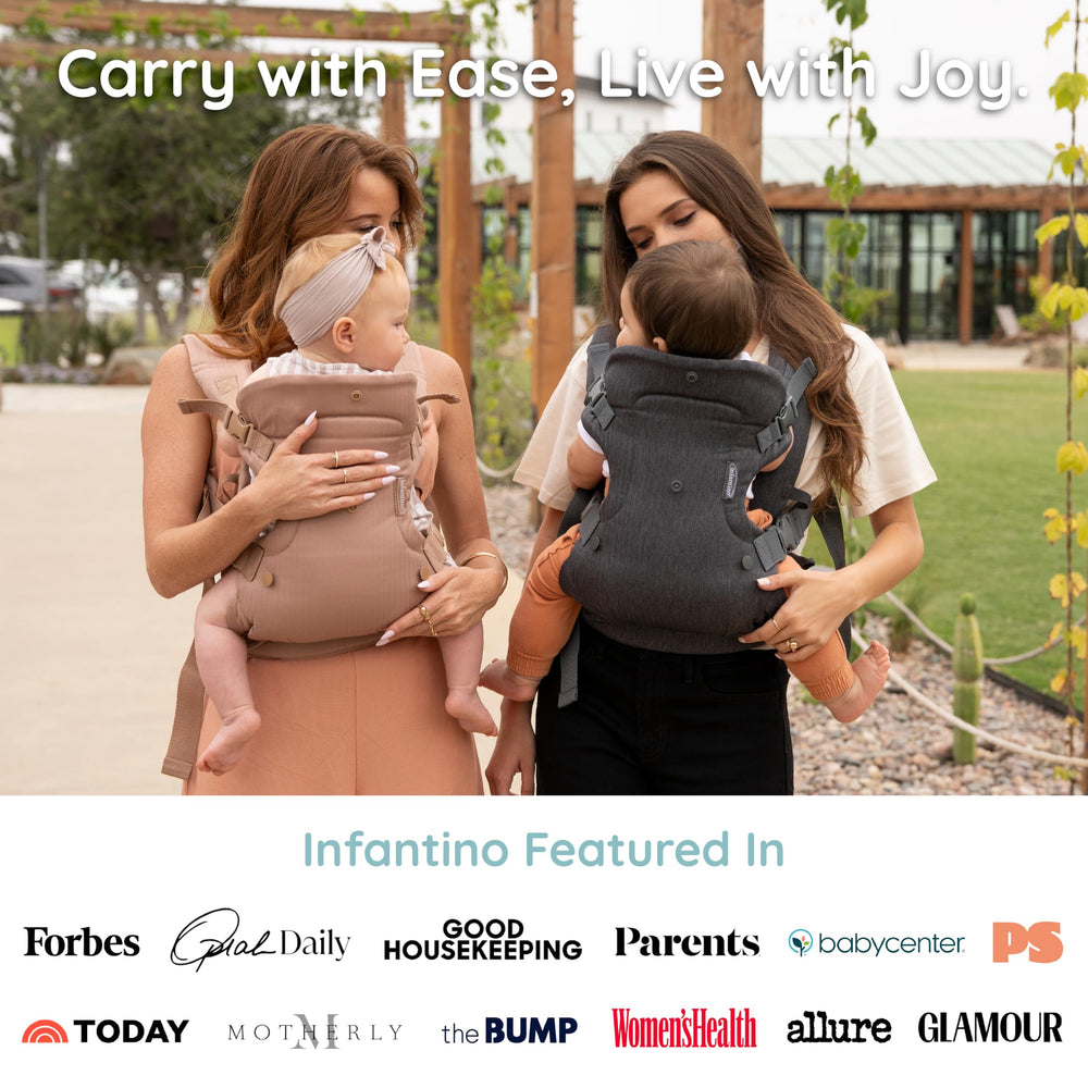 Infantino size comparison with doll showing convertible seat growth range