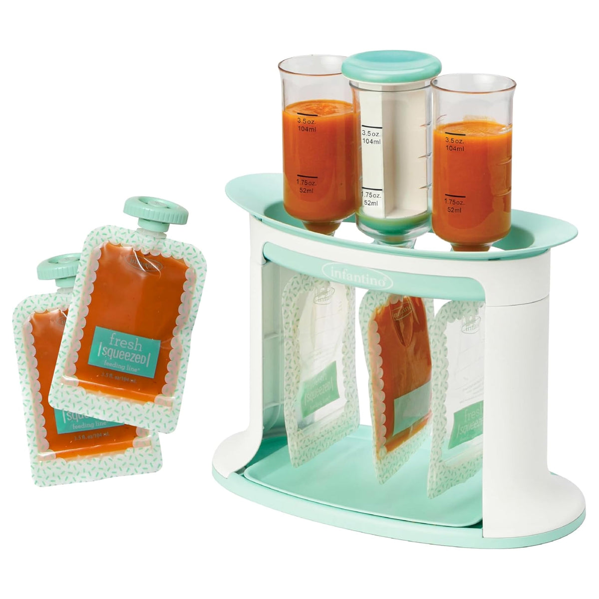 Infantino front view of teal squeeze station showing compact setup and convenience