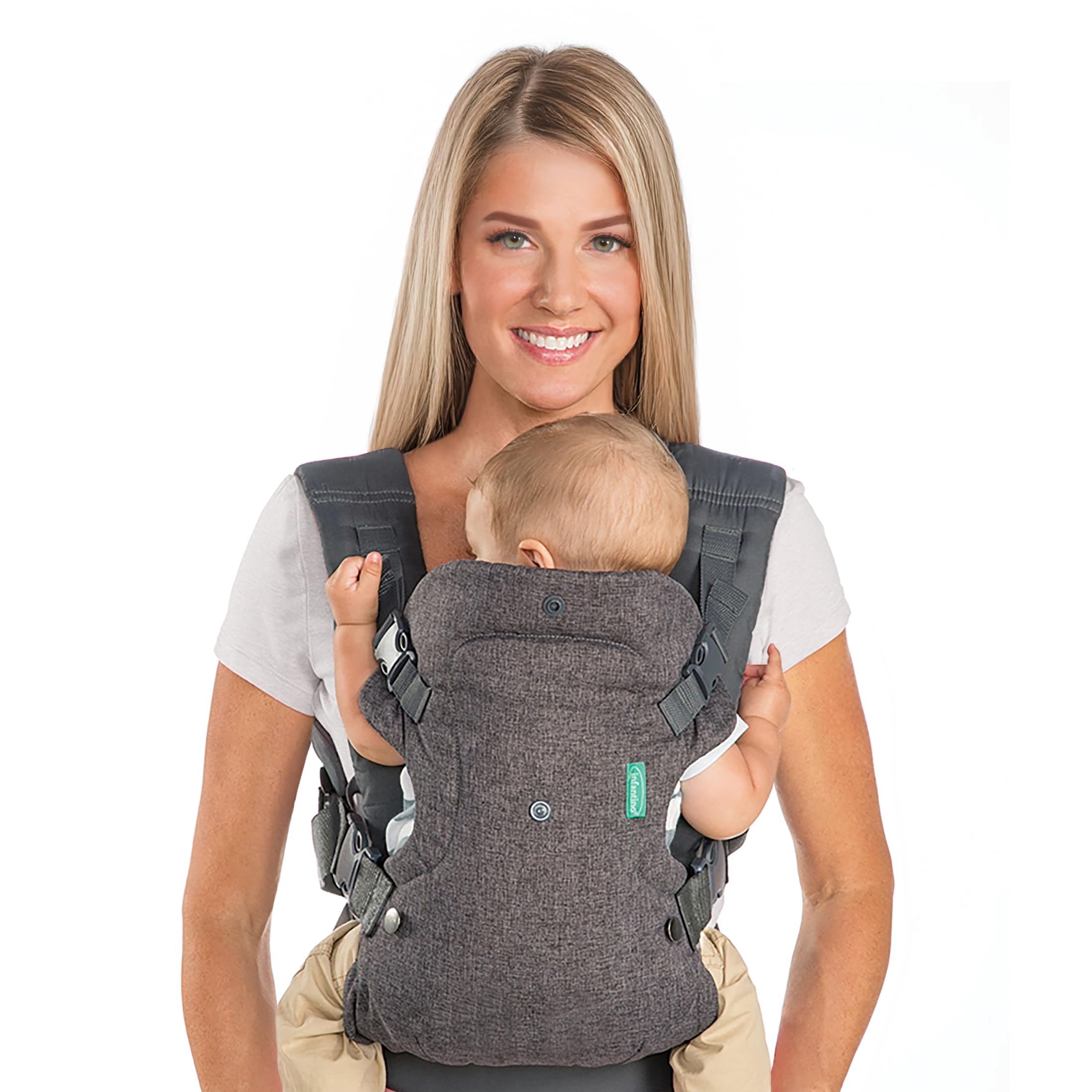 Infantino front view gray showing secure wrap and ergonomic hold for comfort