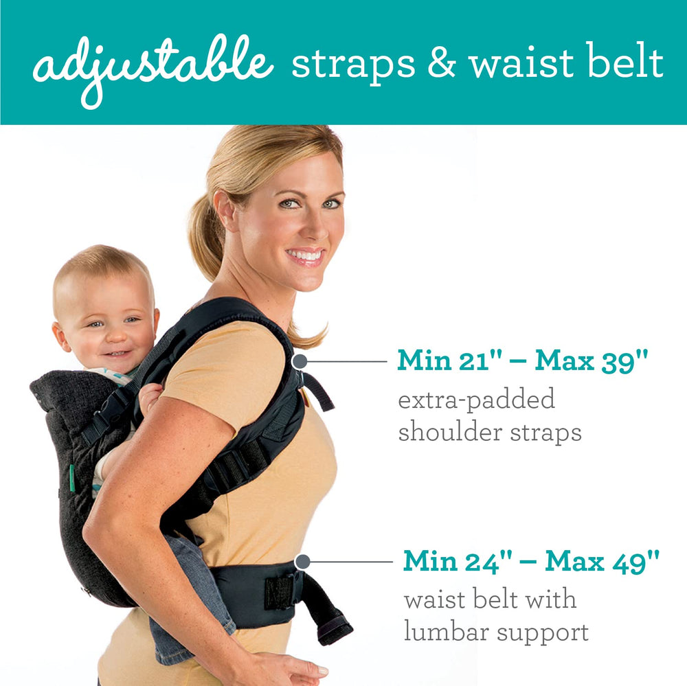 Infantino padded shoulder straps and wide waist belt offering weight distribution