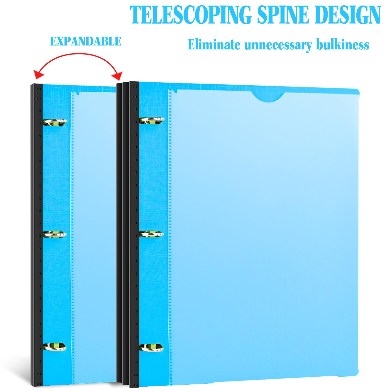 INFUN telescoping spine extended to hold more pages and save space