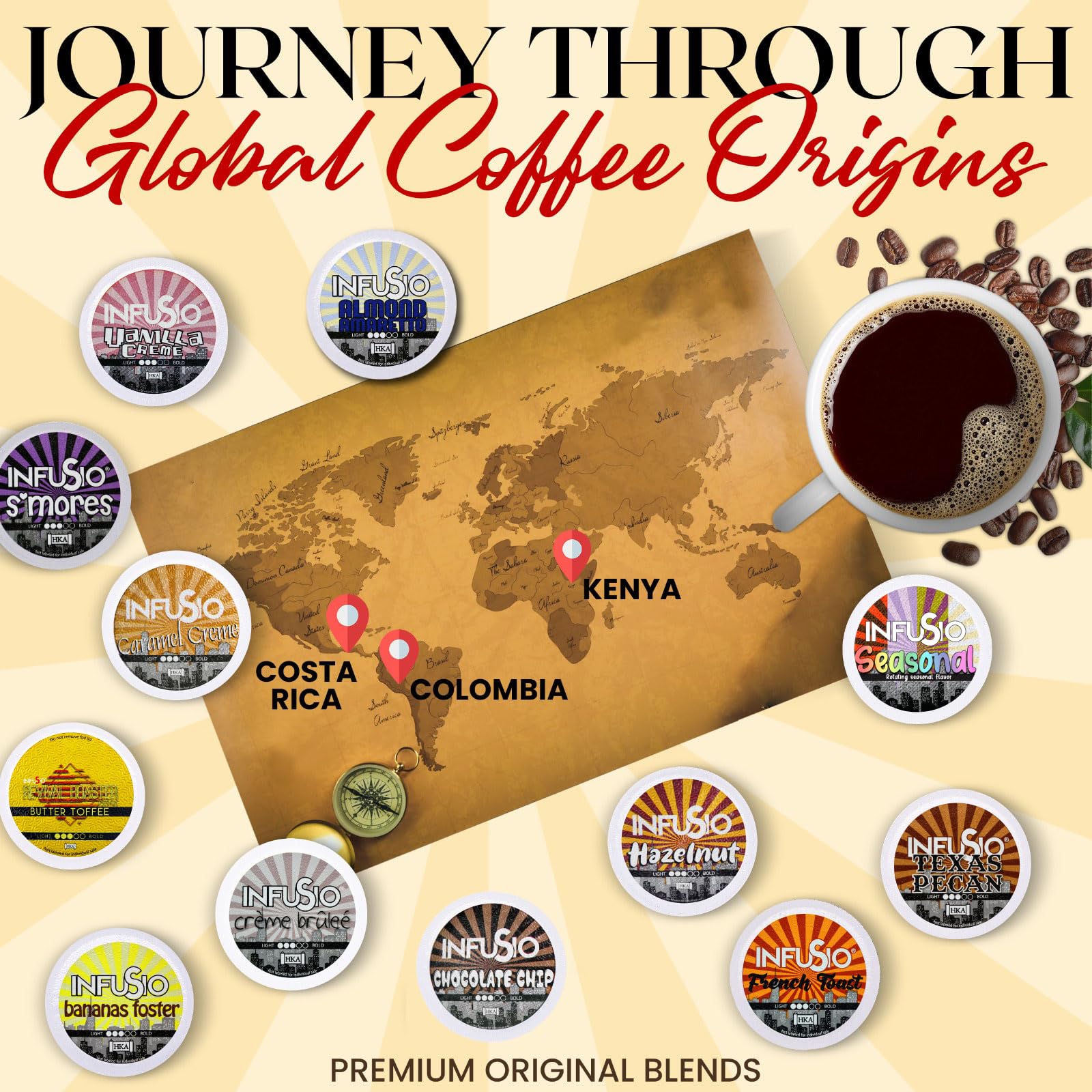 InfuSio assortment labels showing twelve dessert flavors variety