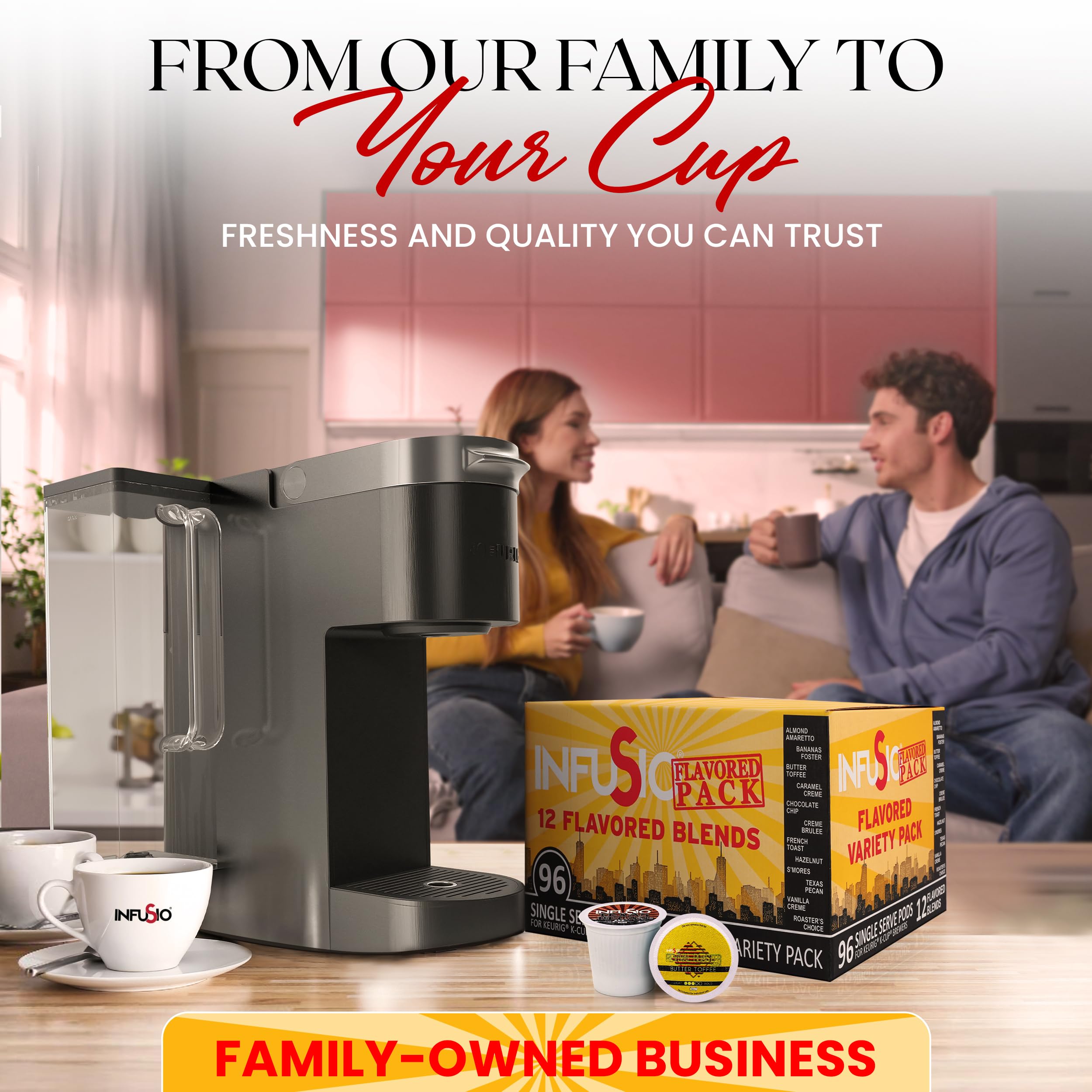 InfuSio pods and cup in kitchen setting promoting everyday enjoyment