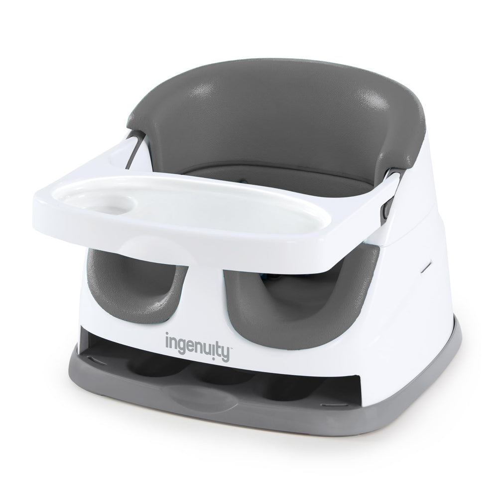 Ingenuity Baby Base front view in slate showing compact booster and benefits