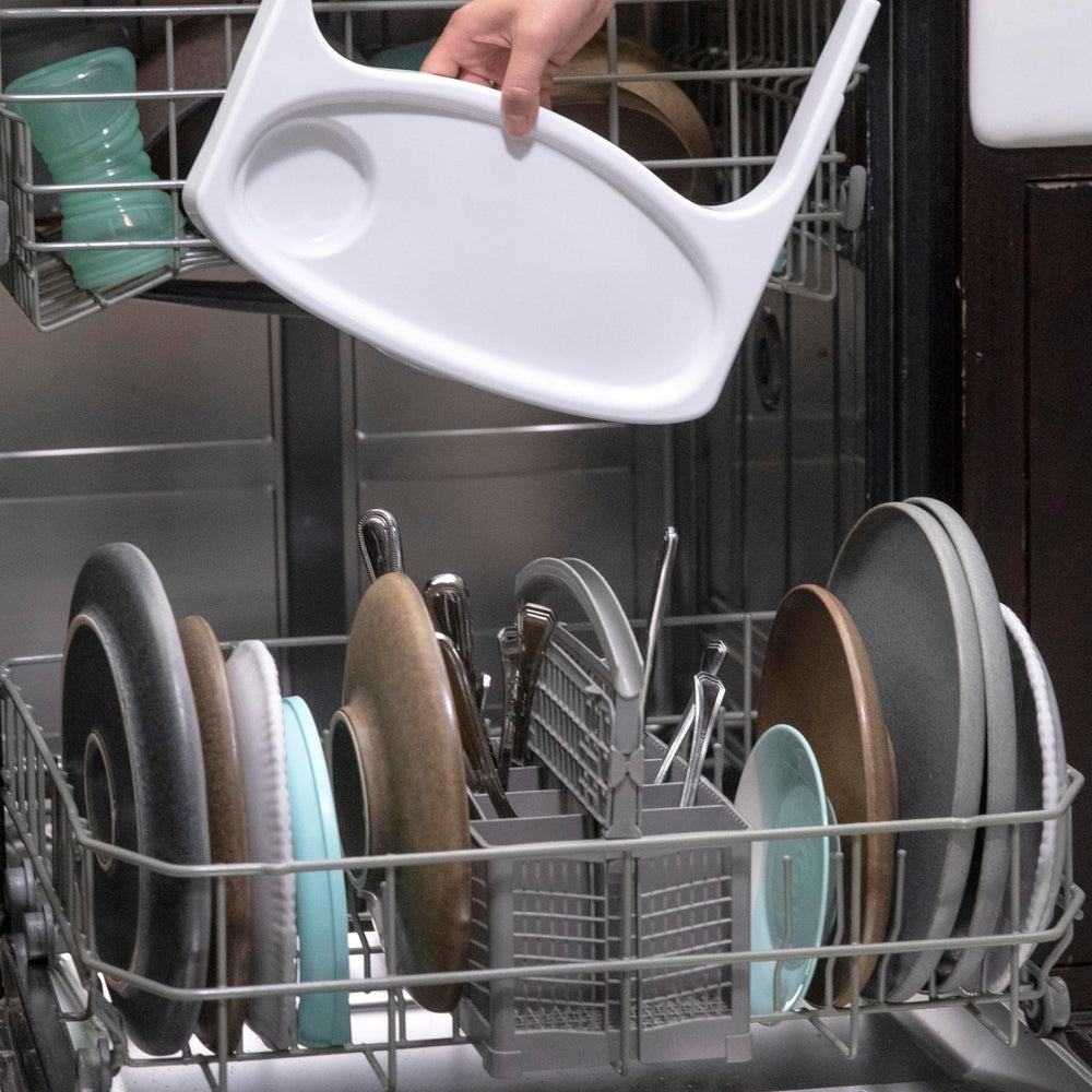 Ingenuity Baby Base tray with plates showing dishwasher-safe cleanup benefit