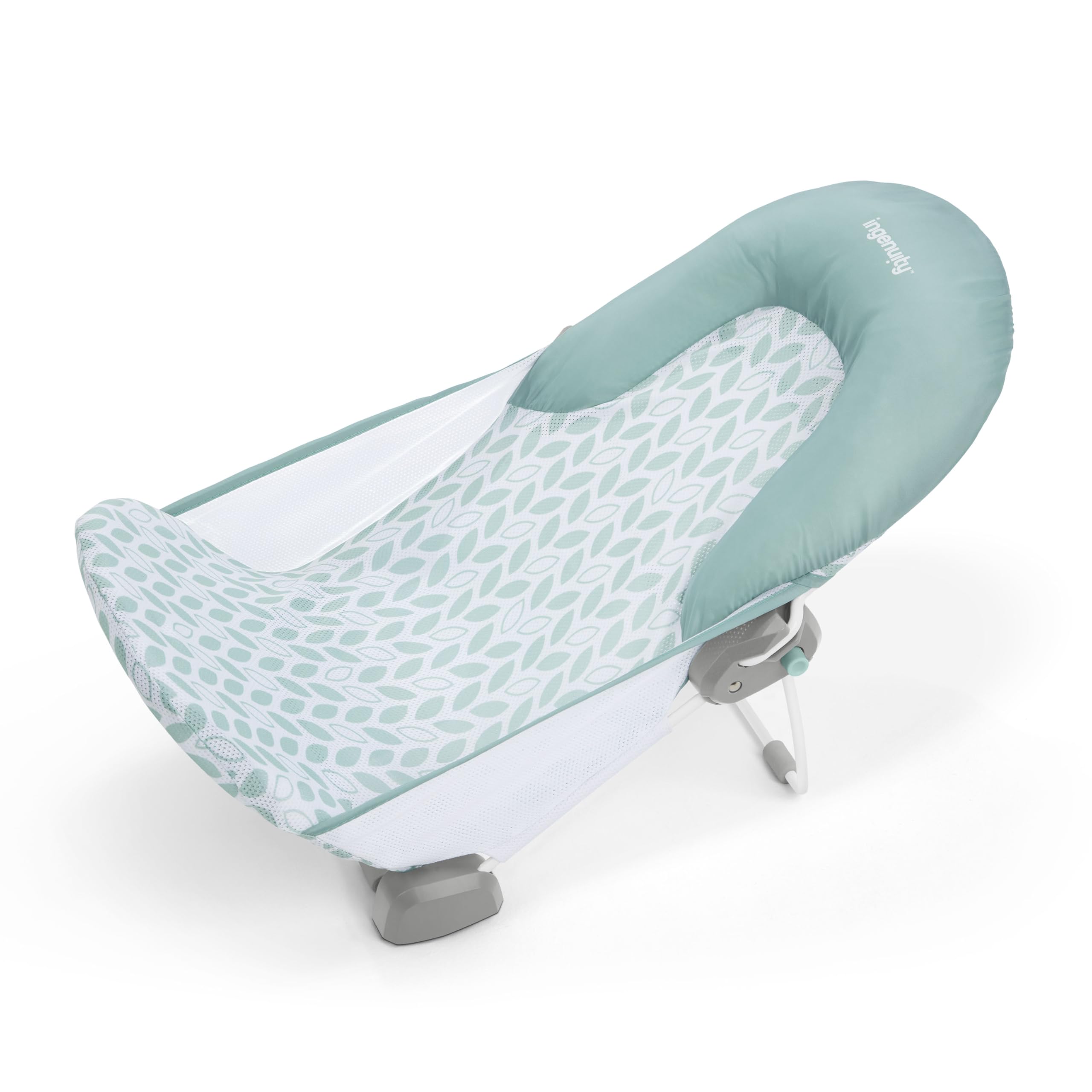 Ingenuity folded bather front view showing stable frame and sling support
