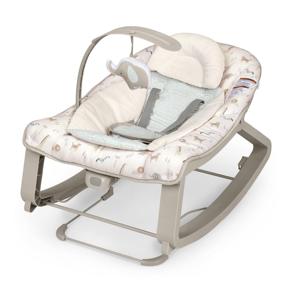 Ingenuity front view of green Keep Cozy bouncer showing versatile modes and tidy design