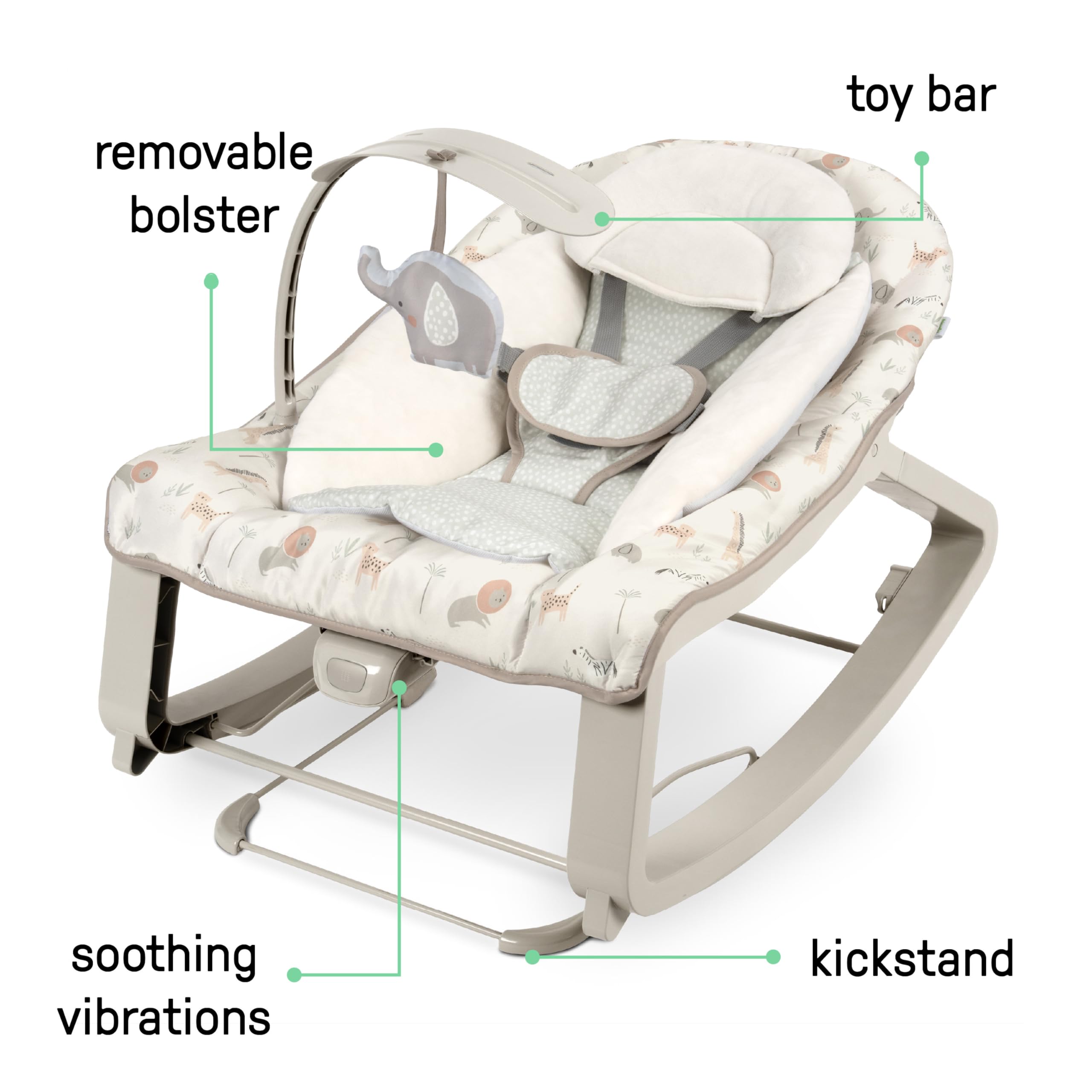 Ingenuity kickstand set for toddler mode showing stable stationary seat up to 40 pounds