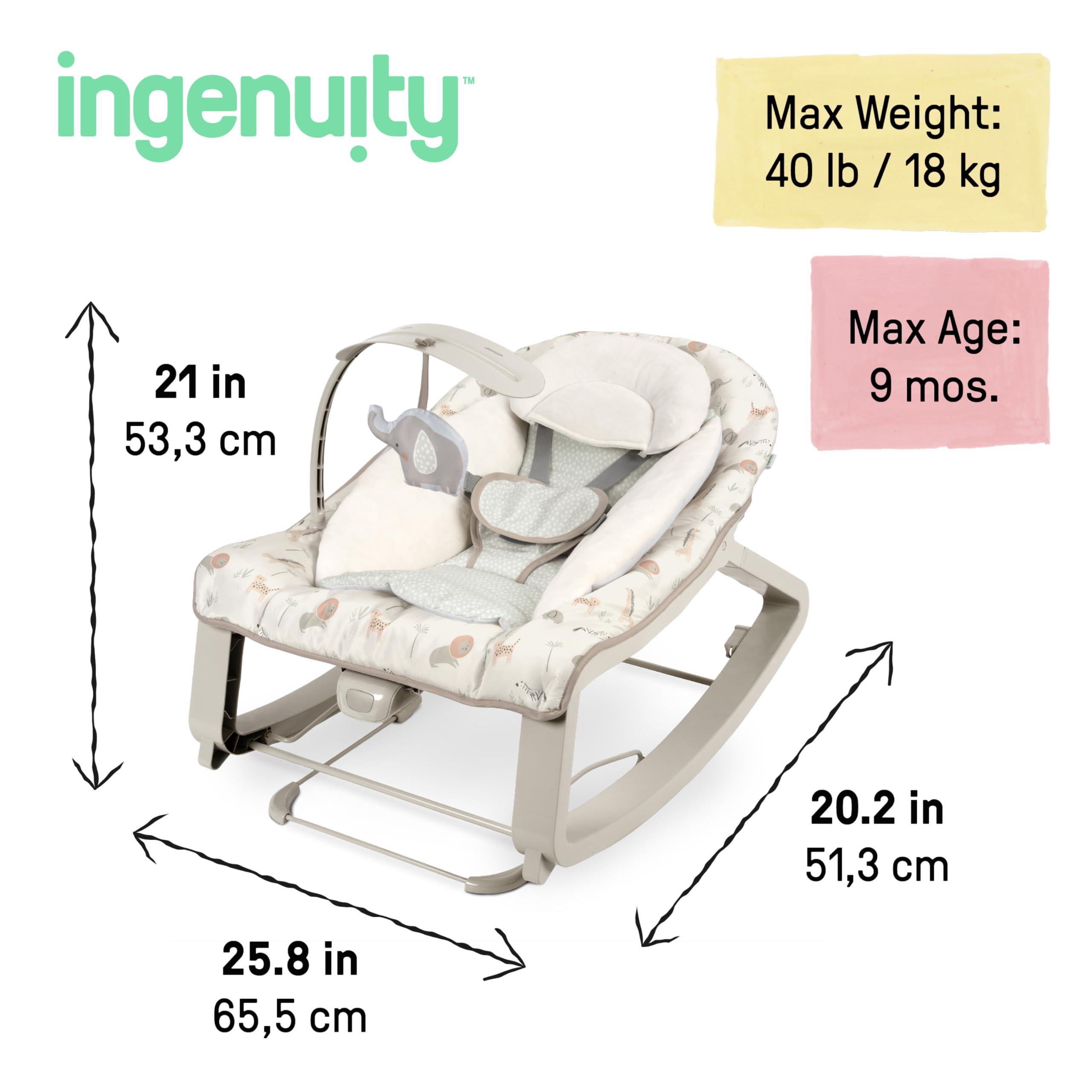 Ingenuity scale photo with a toy to show assembled dimensions and room fit