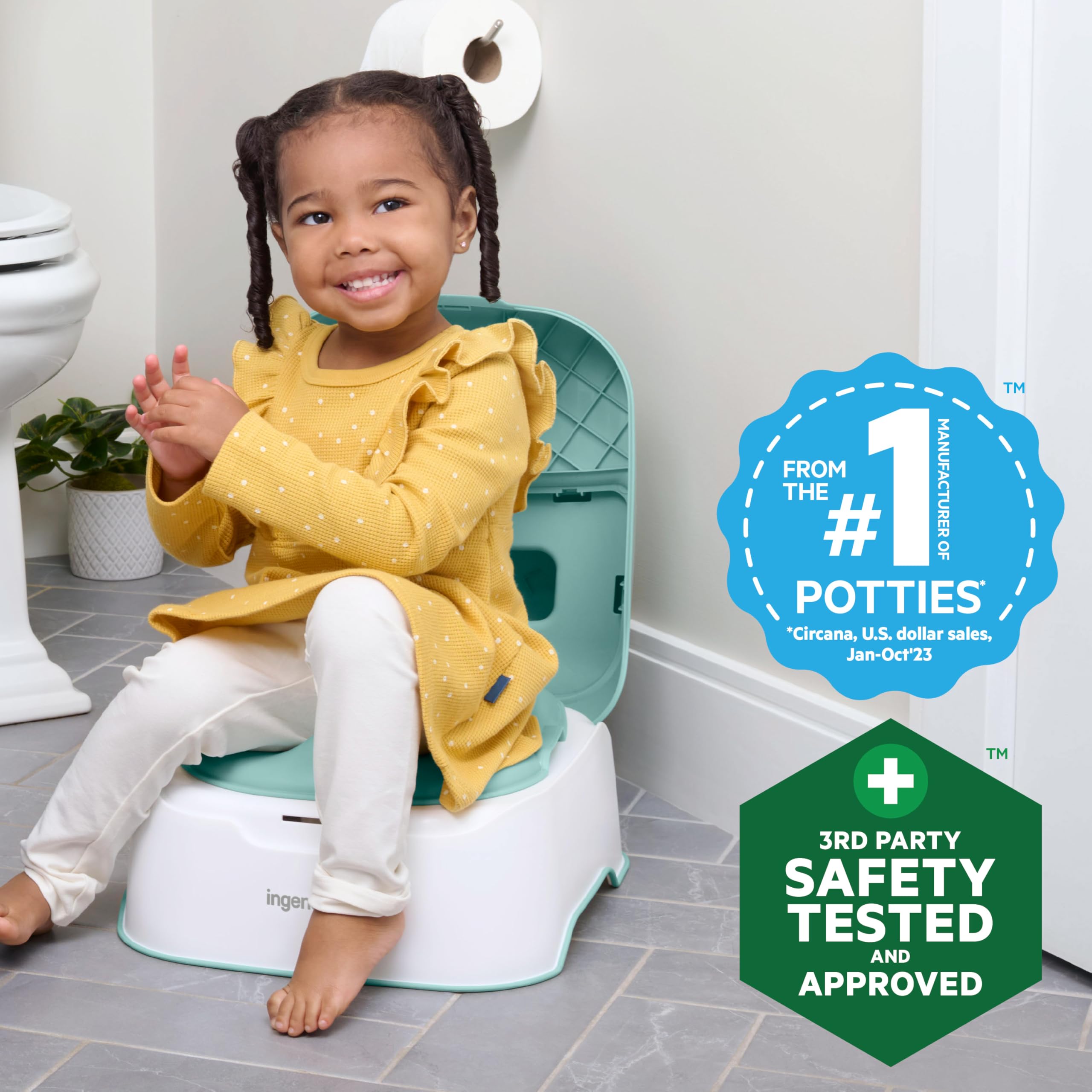 Ingenuity topper placed on an adult toilet for safe seat transition