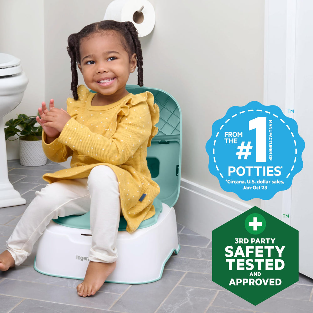 Ingenuity topper placed on an adult toilet for safe seat transition