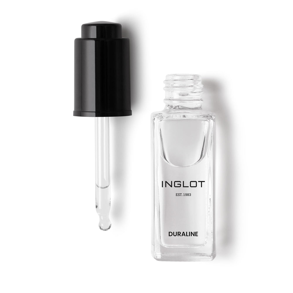 Inglot Duraline front bottle showing clear liquid and label for easy identification and portability