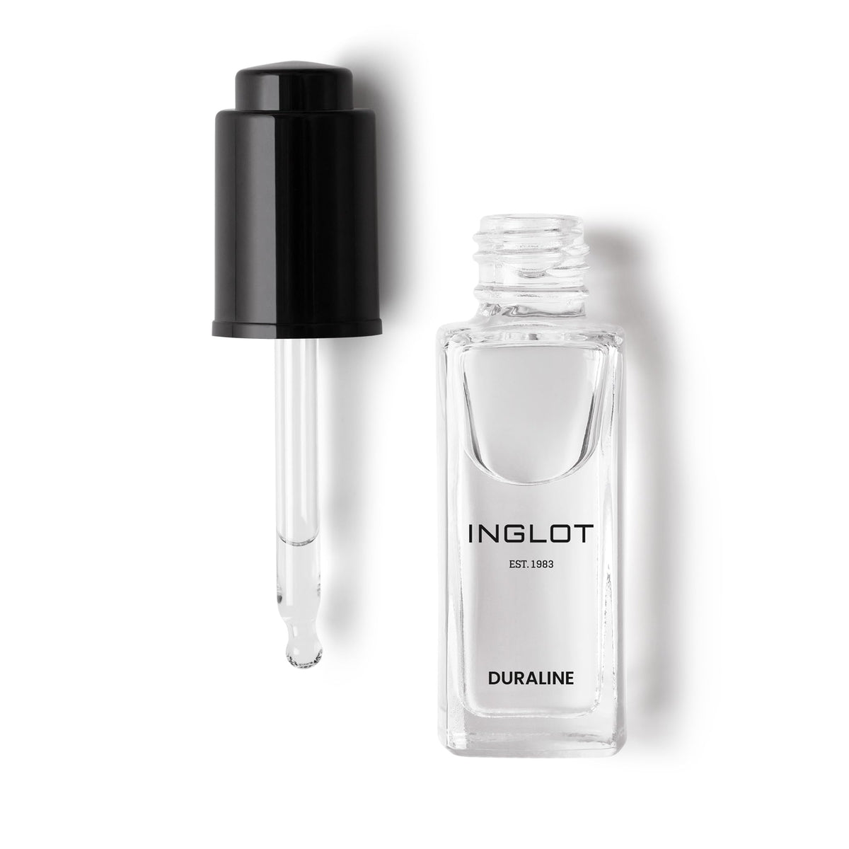 Inglot Duraline front bottle showing clear liquid and label for easy identification and portability