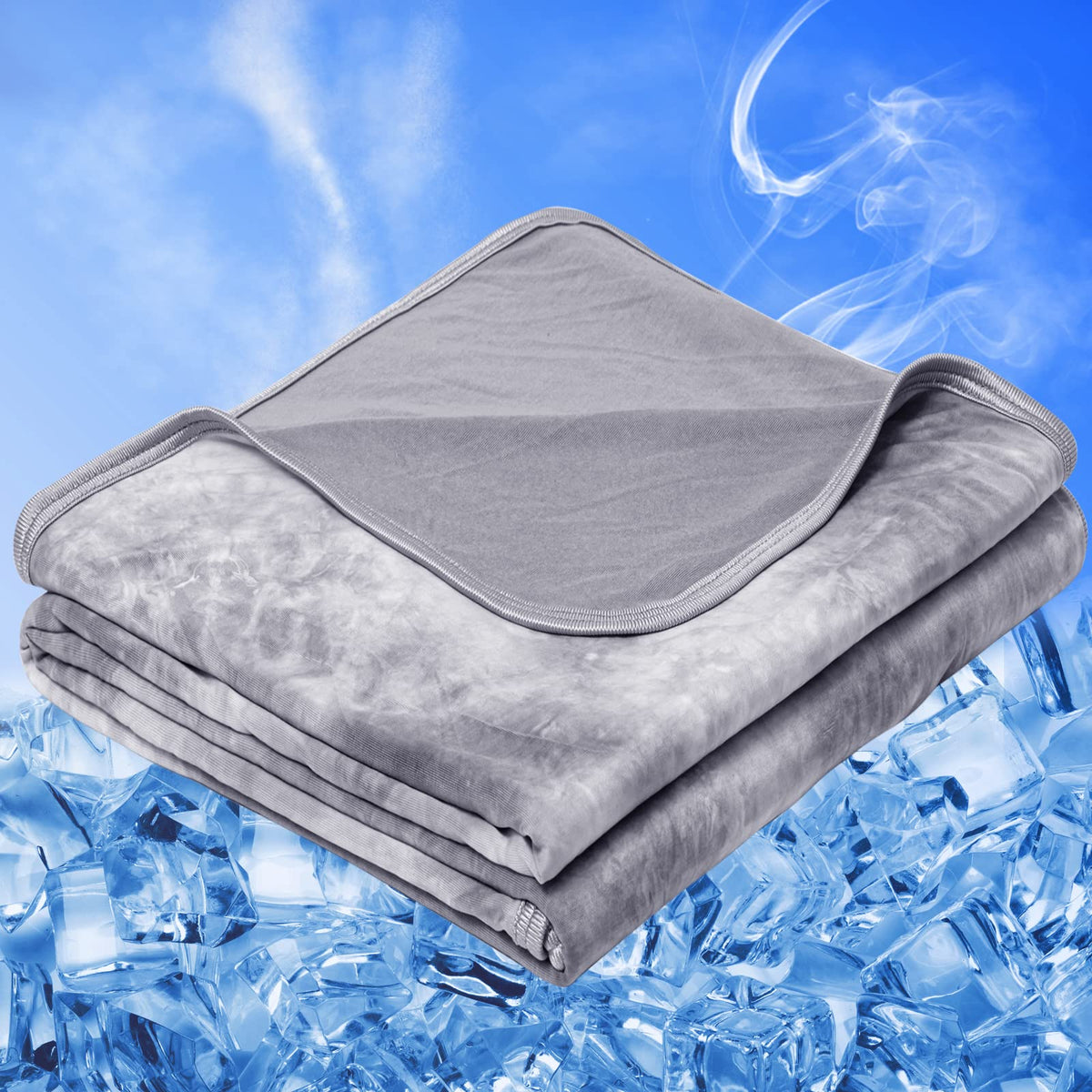 inhand front packaging showing gray cooling blanket, highlights breathable comfort