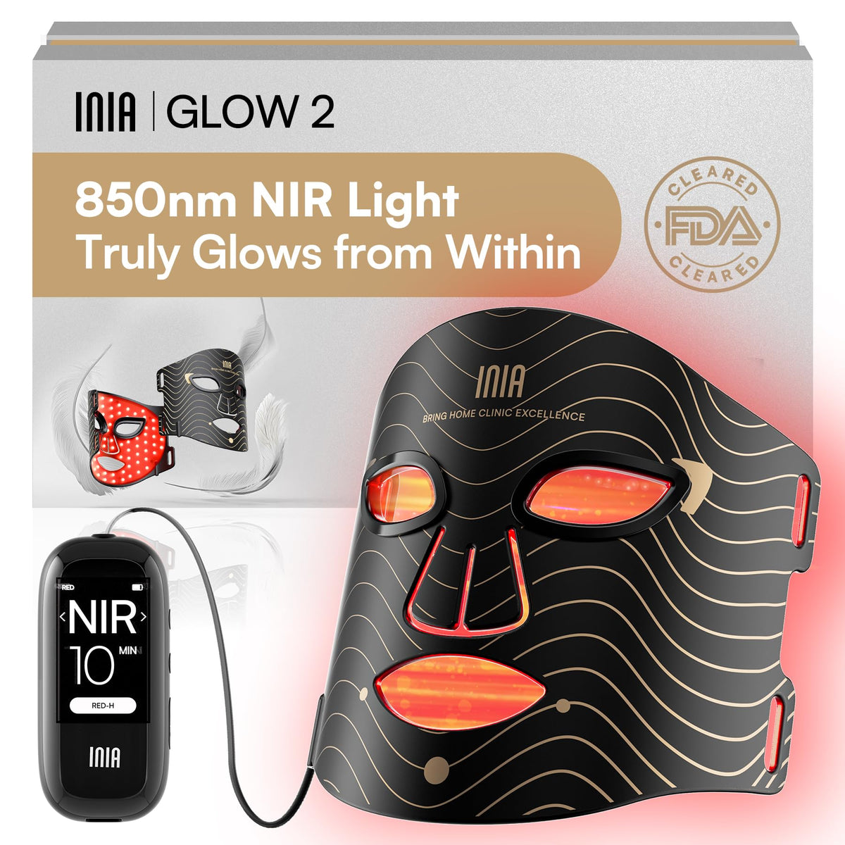 INIA face mask front view showing LED layout and ergonomic design for comfortable sessions