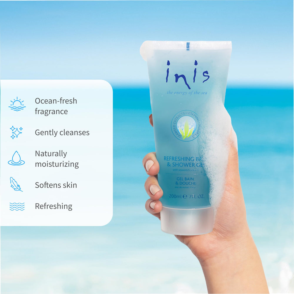 Inis bottle staged in shower for daily-use and spa-like benefit