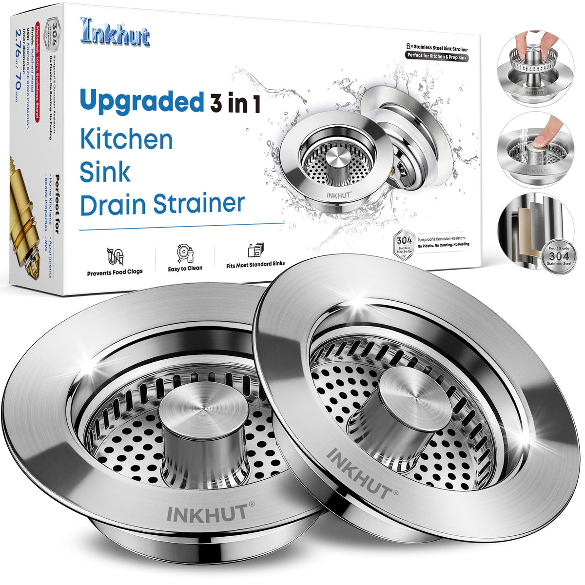 Inkhut front view of the two-pack strainer showing sleek stainless design and durability