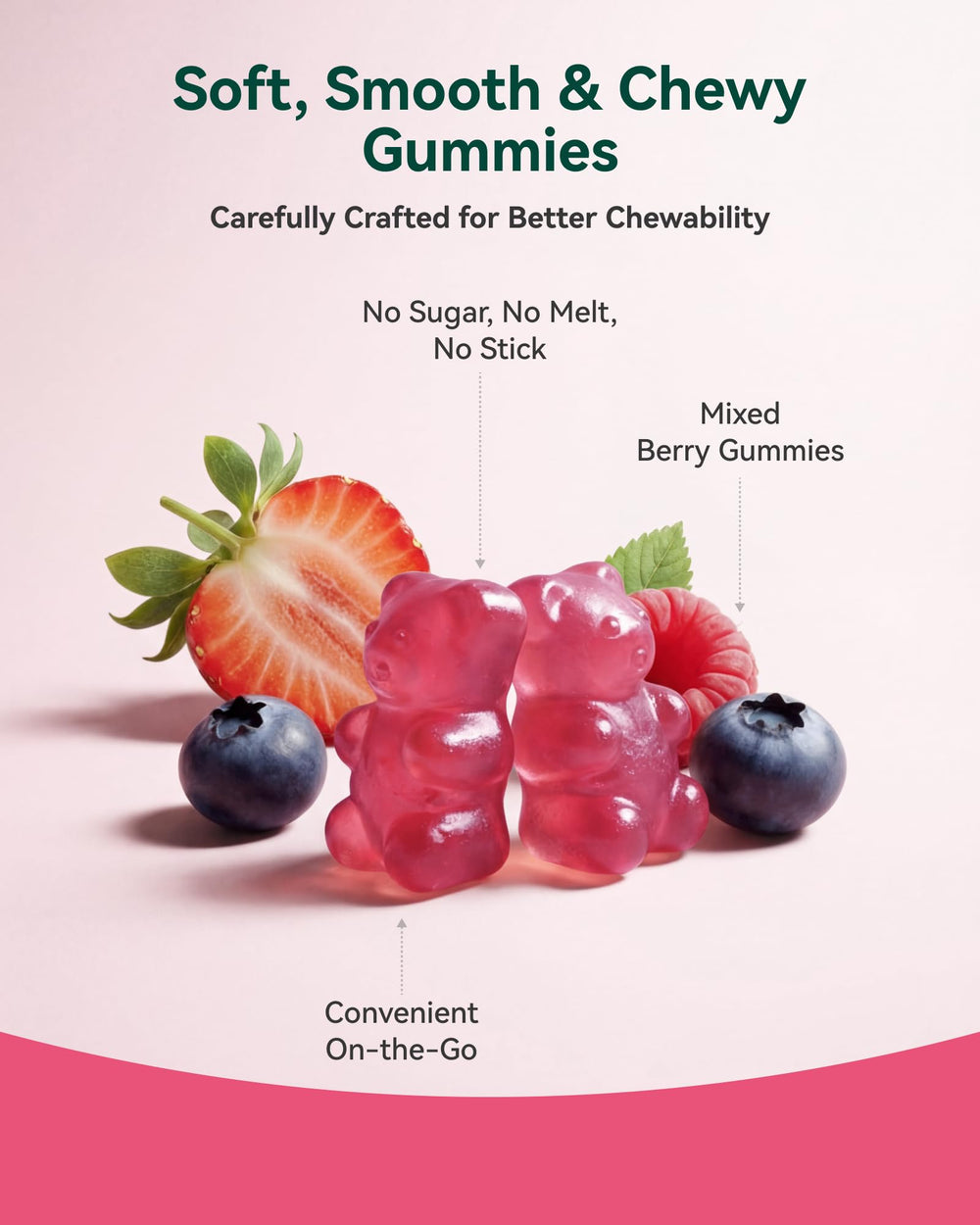 Inner Brightness close-up gummy texture and erythritol coating, highlights nonsticky bite