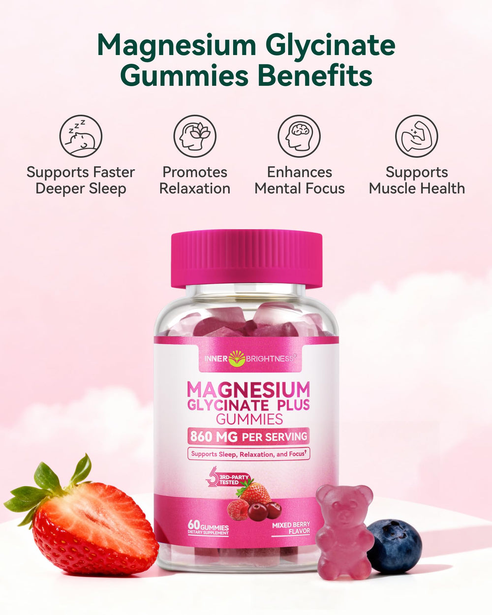 Inner Brightness open bottle with gummies visible, shows easy daily access benefit
