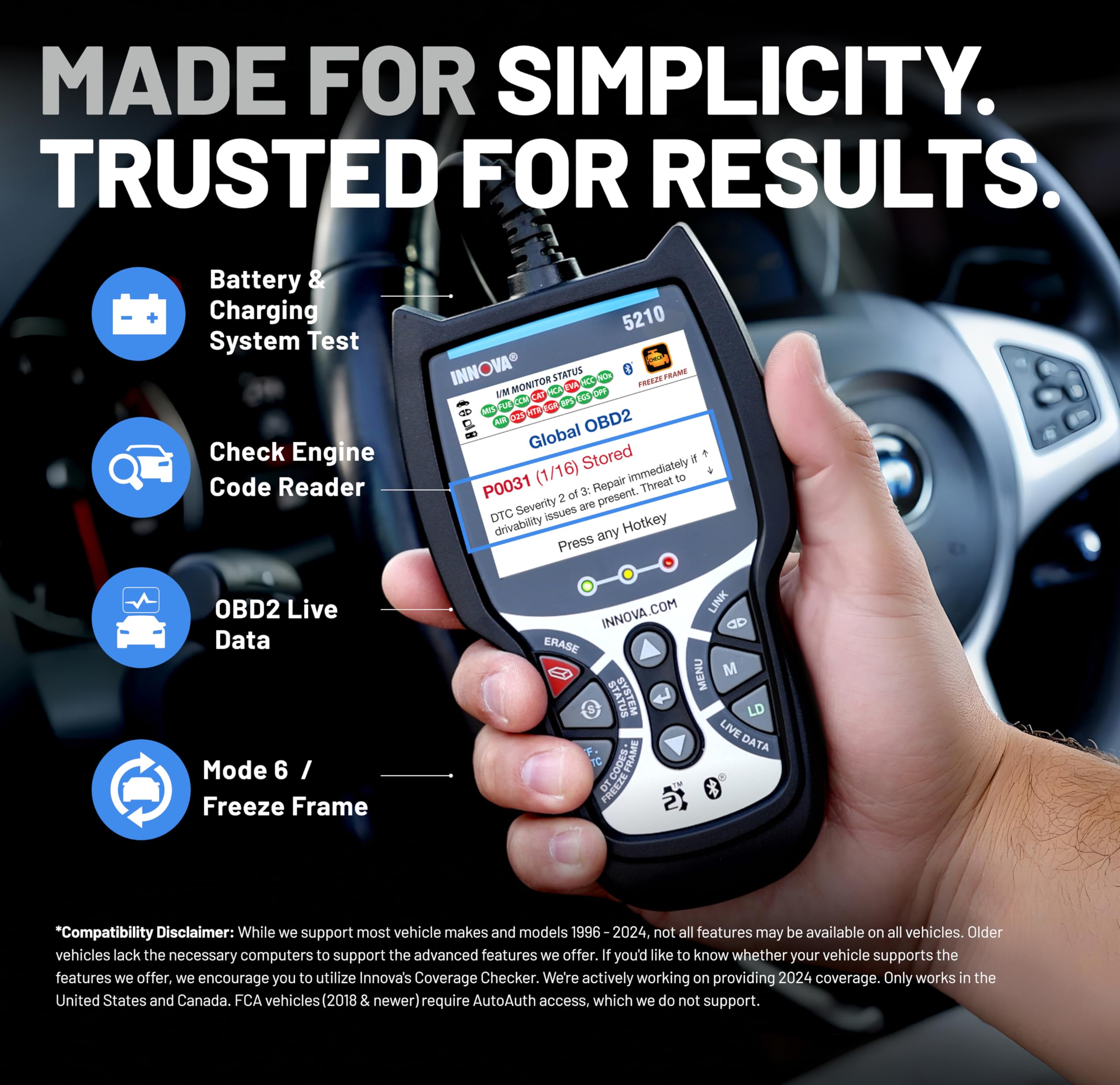 Innova 5210 OBD2 connector and cable ready to plug under dash for fast setup