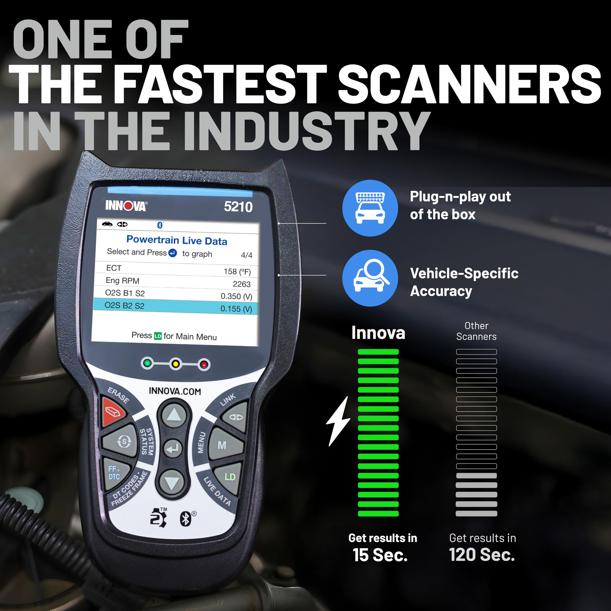 Innova 5210 screen displaying live engine data for immediate troubleshooting