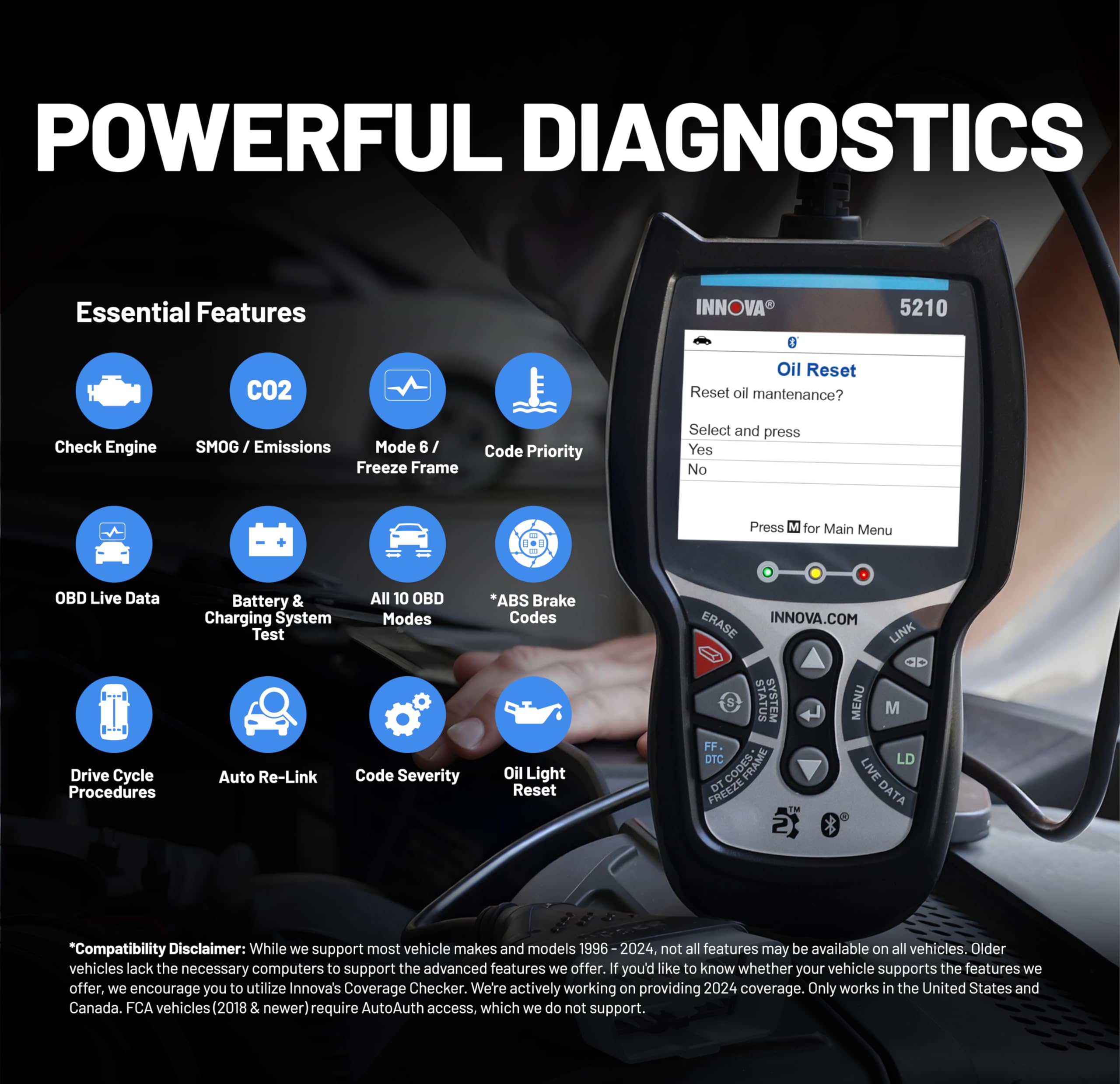 Innova 5210 next to smartphone to show compact size for portability