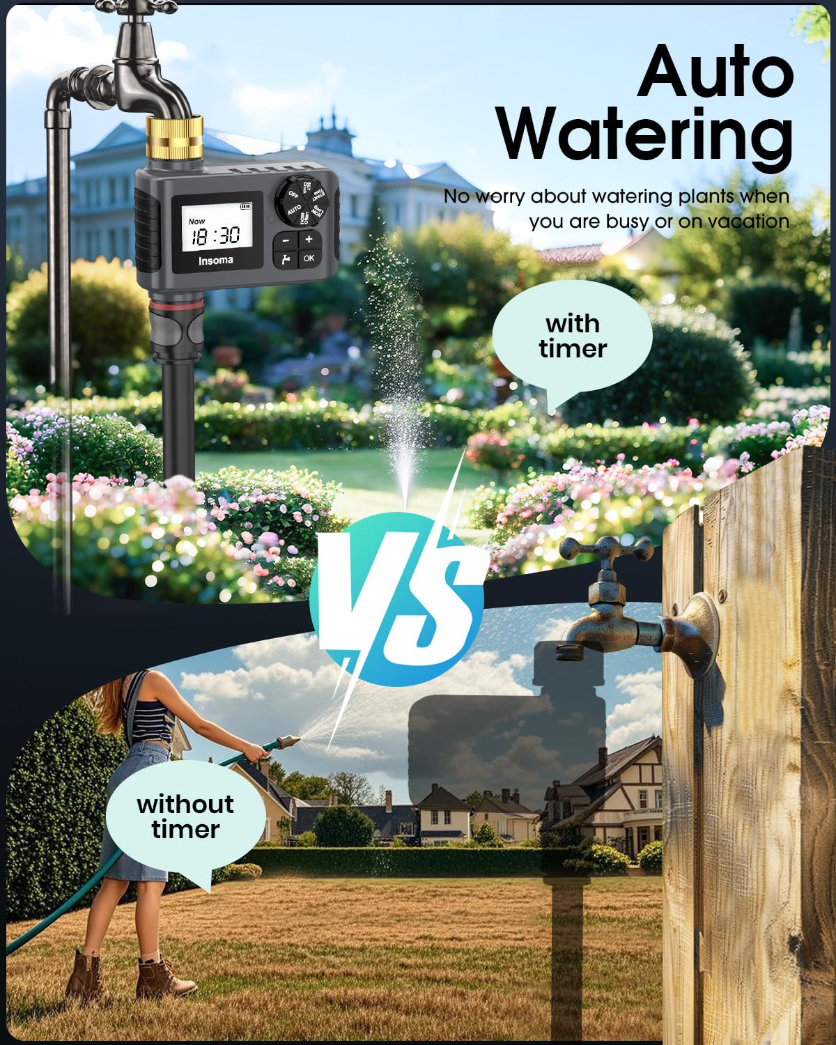 Insoma timer attached to garden hose in yard, enabling automated watering convenience