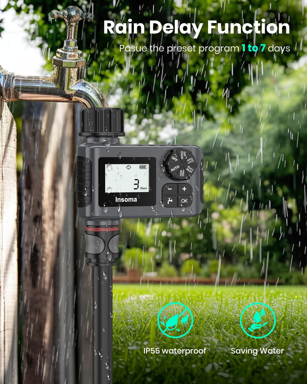 Insoma sealed battery cover detail showing moisture-resistant ring, protects controls and batteries outdoors