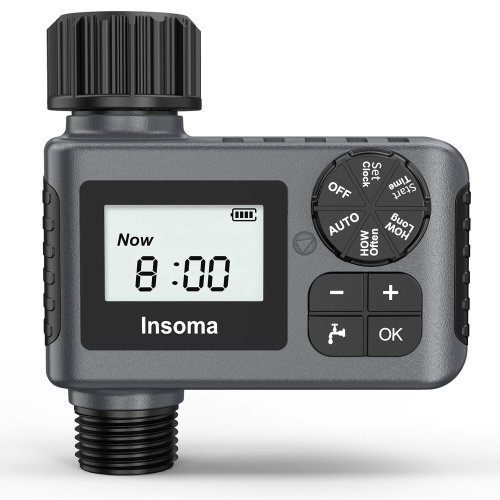 Insoma front view of the faucet timer showing compact shape and one outlet, simplifies irrigation control
