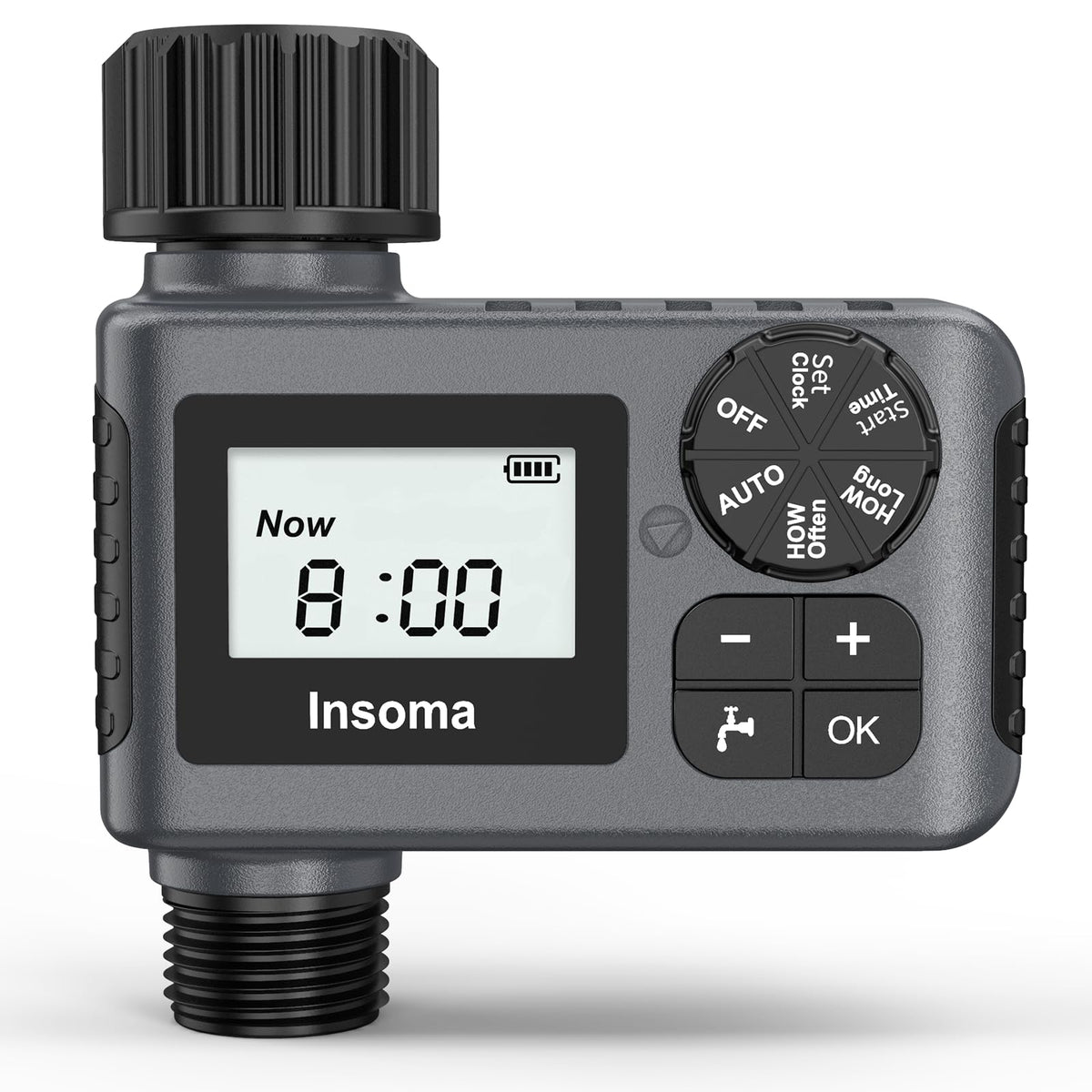 Insoma front view of the faucet timer showing compact shape and one outlet, simplifies irrigation control