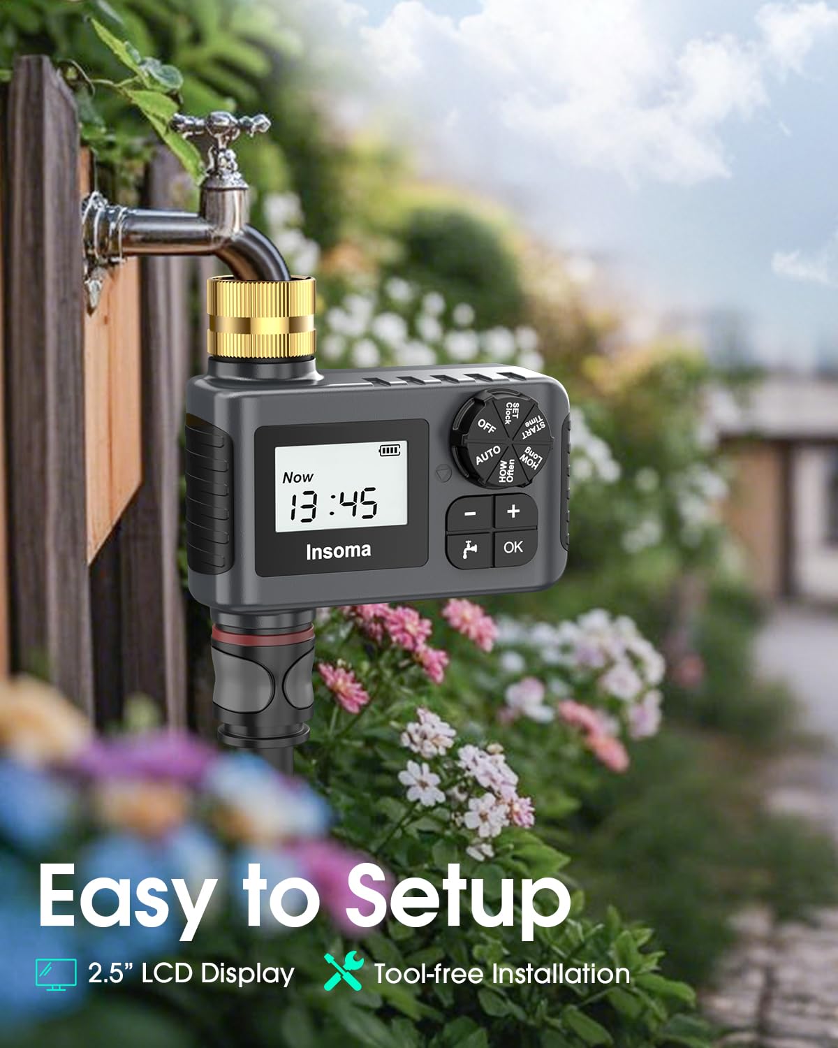 Insoma in lawn watering lifestyle scene showing automated irrigation saving time