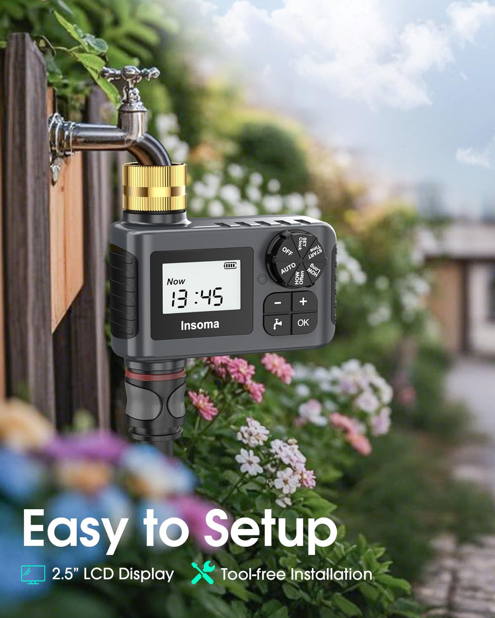 Insoma in lawn watering lifestyle scene showing automated irrigation saving time