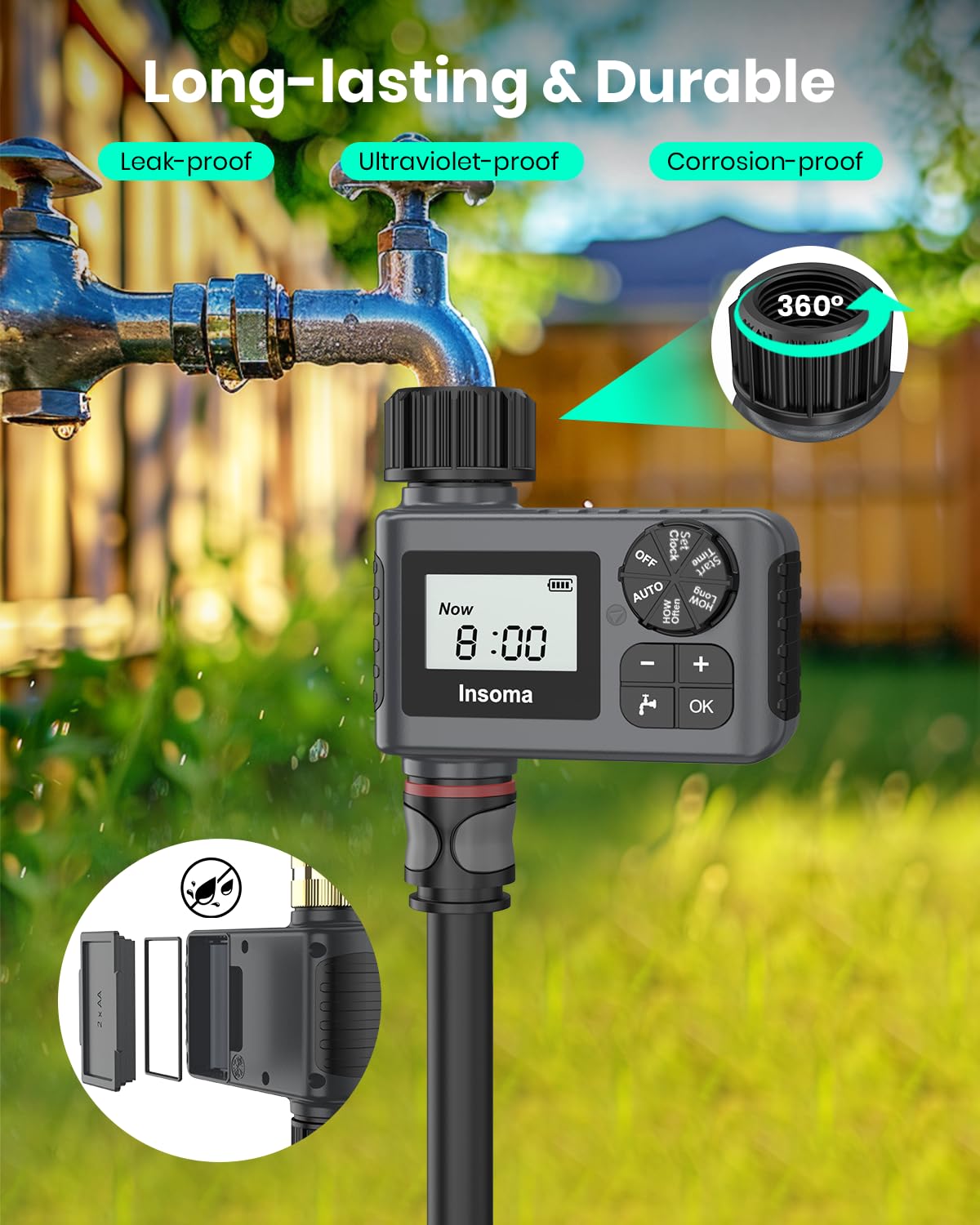 Insoma connected to a drip irrigation line in a vegetable bed, provides precise watering for plants