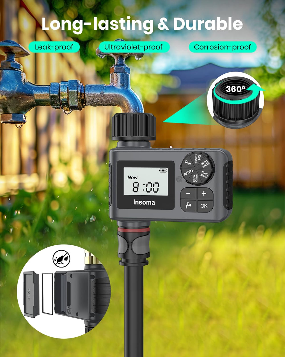 Insoma connected to a drip irrigation line in a vegetable bed, provides precise watering for plants