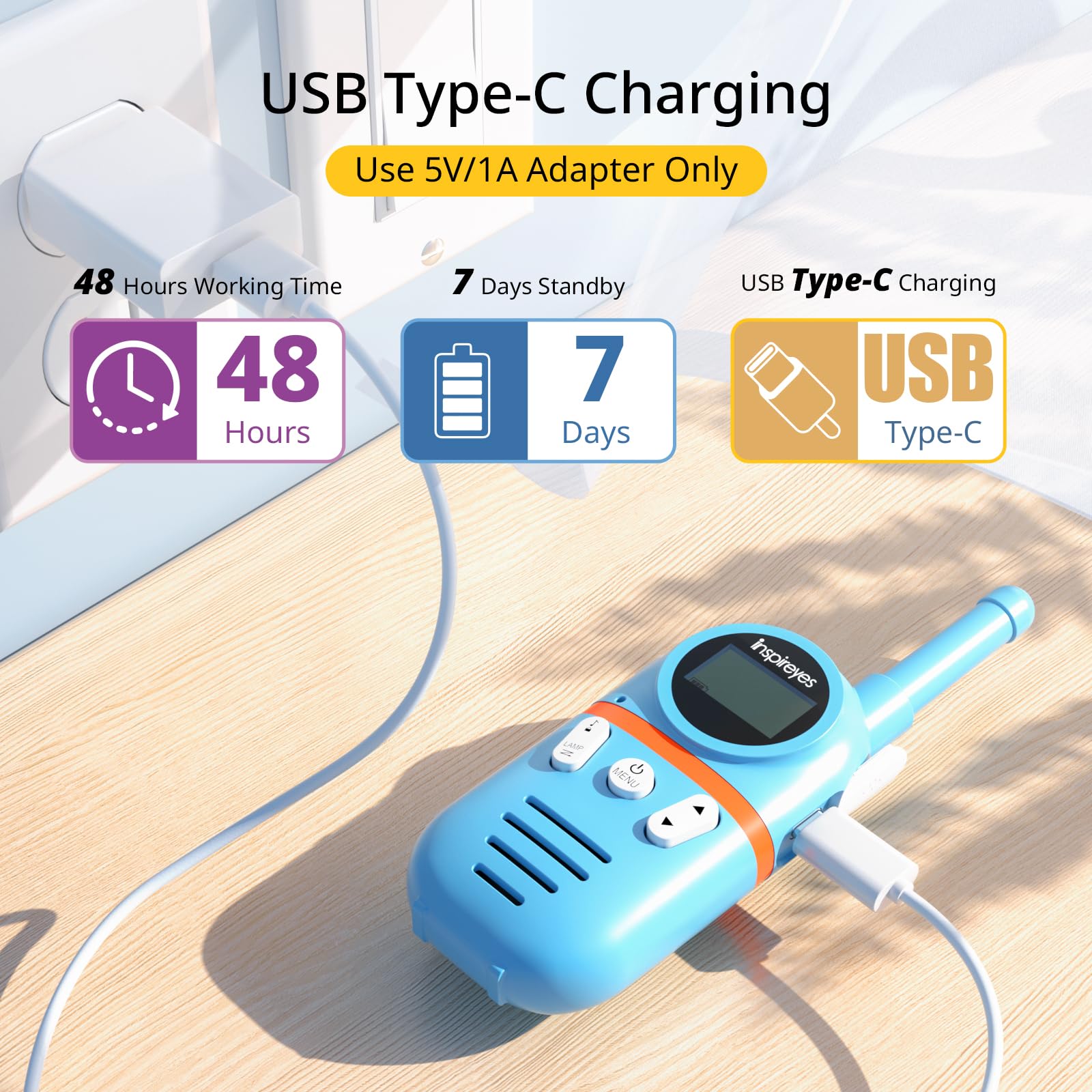 Inspireyes left-side push-to-talk button detail emphasizes easy one-handed use for kids