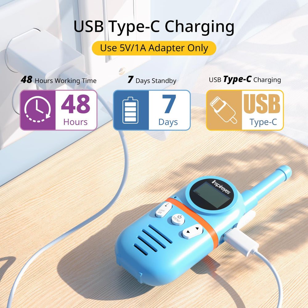 Inspireyes left-side push-to-talk button detail emphasizes easy one-handed use for kids