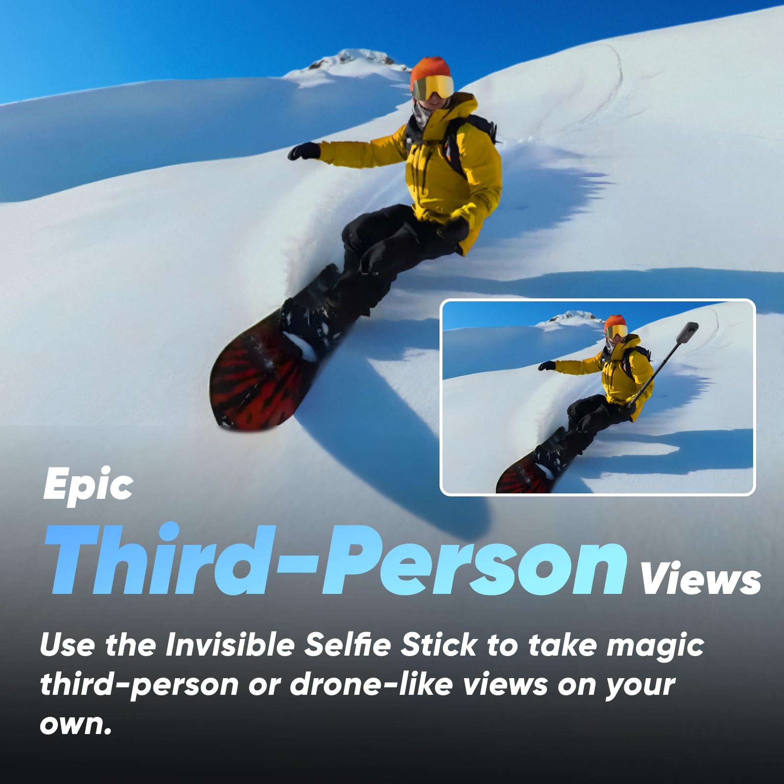 Insta360 X3 capturing a snowboarder demonstrating stable footage on slopes