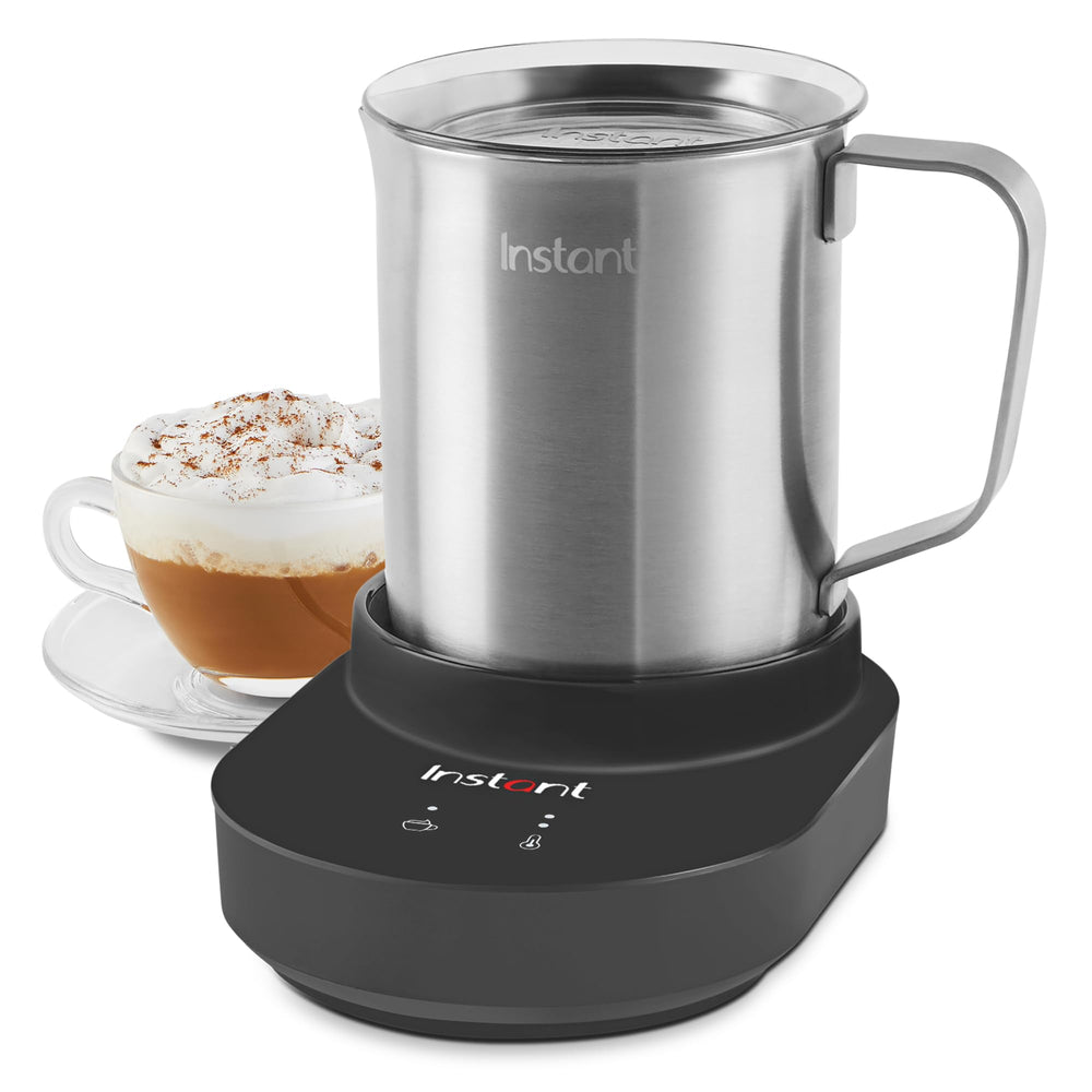 Instant MagicFroth front view showing stainless steel pitcher and benefit quiet operation