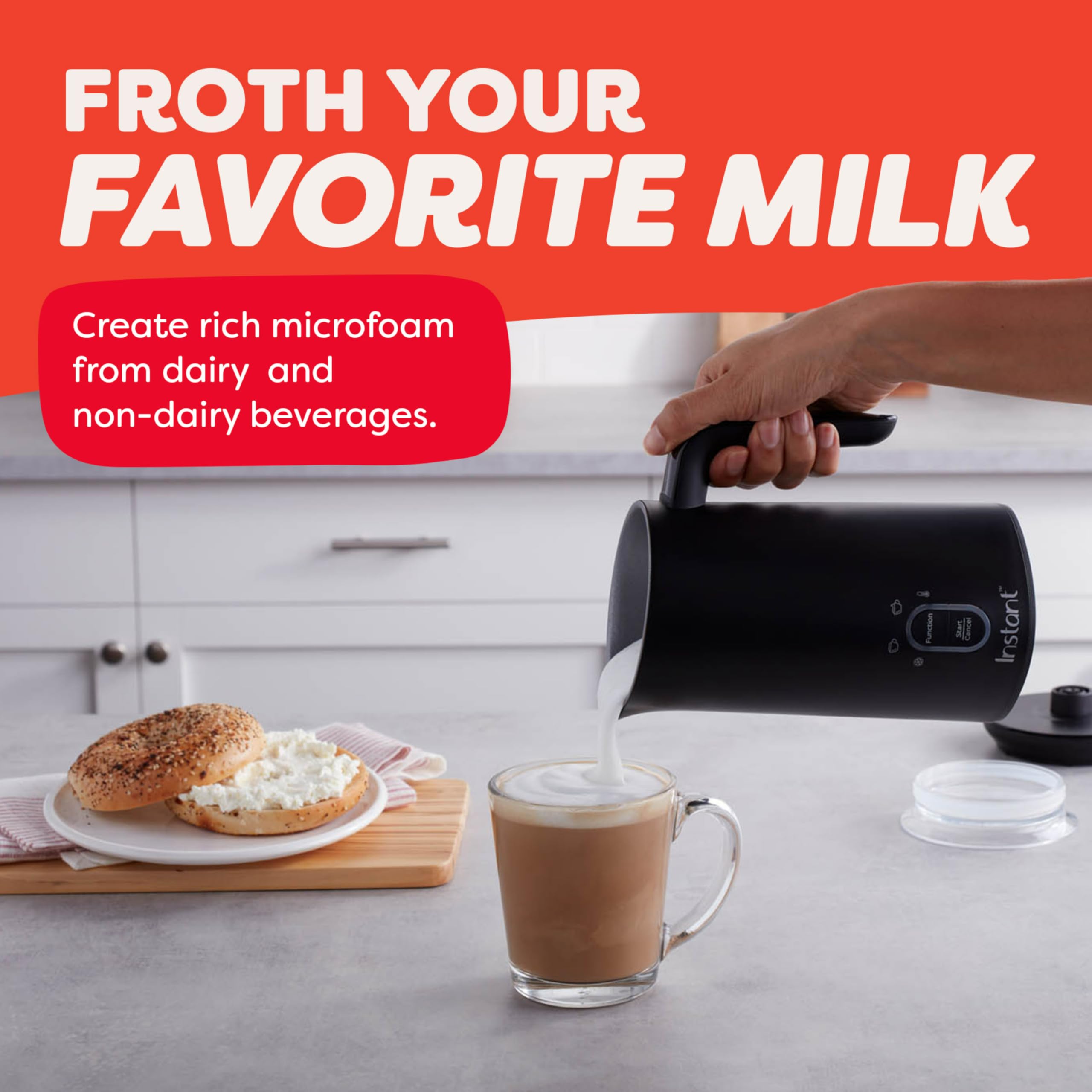Instant Pot in-use frothing milk into a cup showing foam texture benefit: café-quality drinks at home
