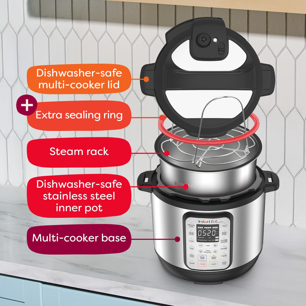 Instant Pot next to apple for size comparison showing family‑friendly capacity
