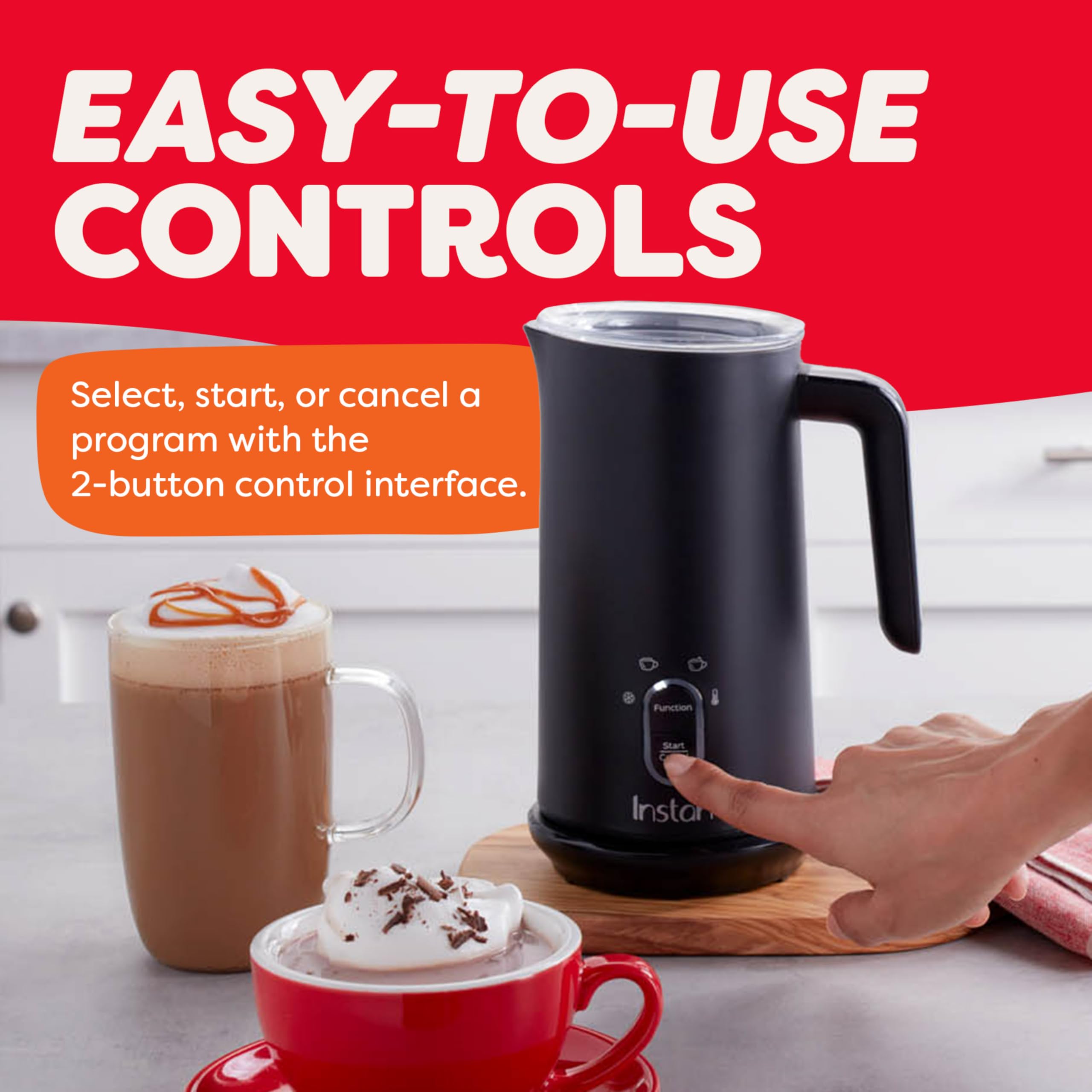 Instant Pot pouring foam from spout into latte showing controlled pour benefit: precise serving without spills