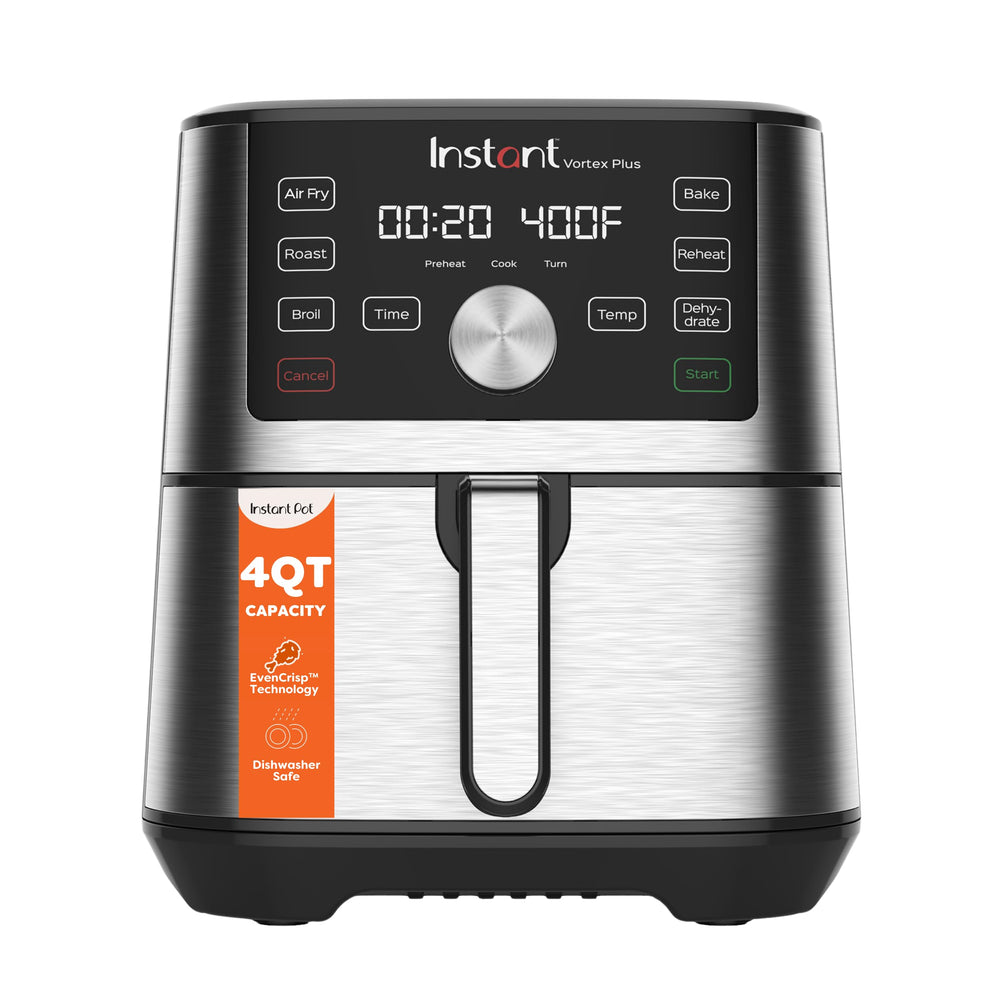 Instant Pot Vortex Plus Mini front view showing compact stainless steel and controls, saves counter space