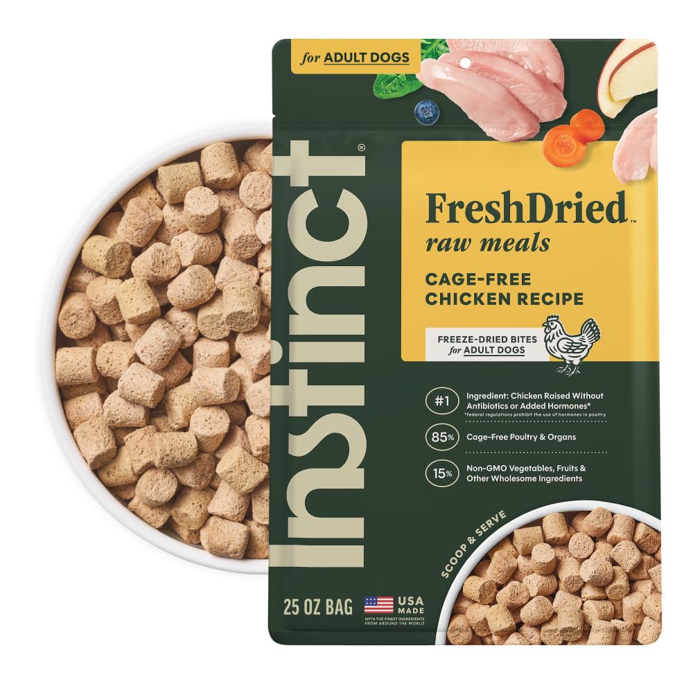 Instinct bag front view showing product and convenient shelf stable raw benefits