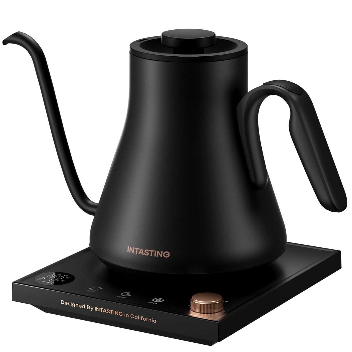 INTASTING gooseneck kettle front view showing compact shape and handle benefit precision
